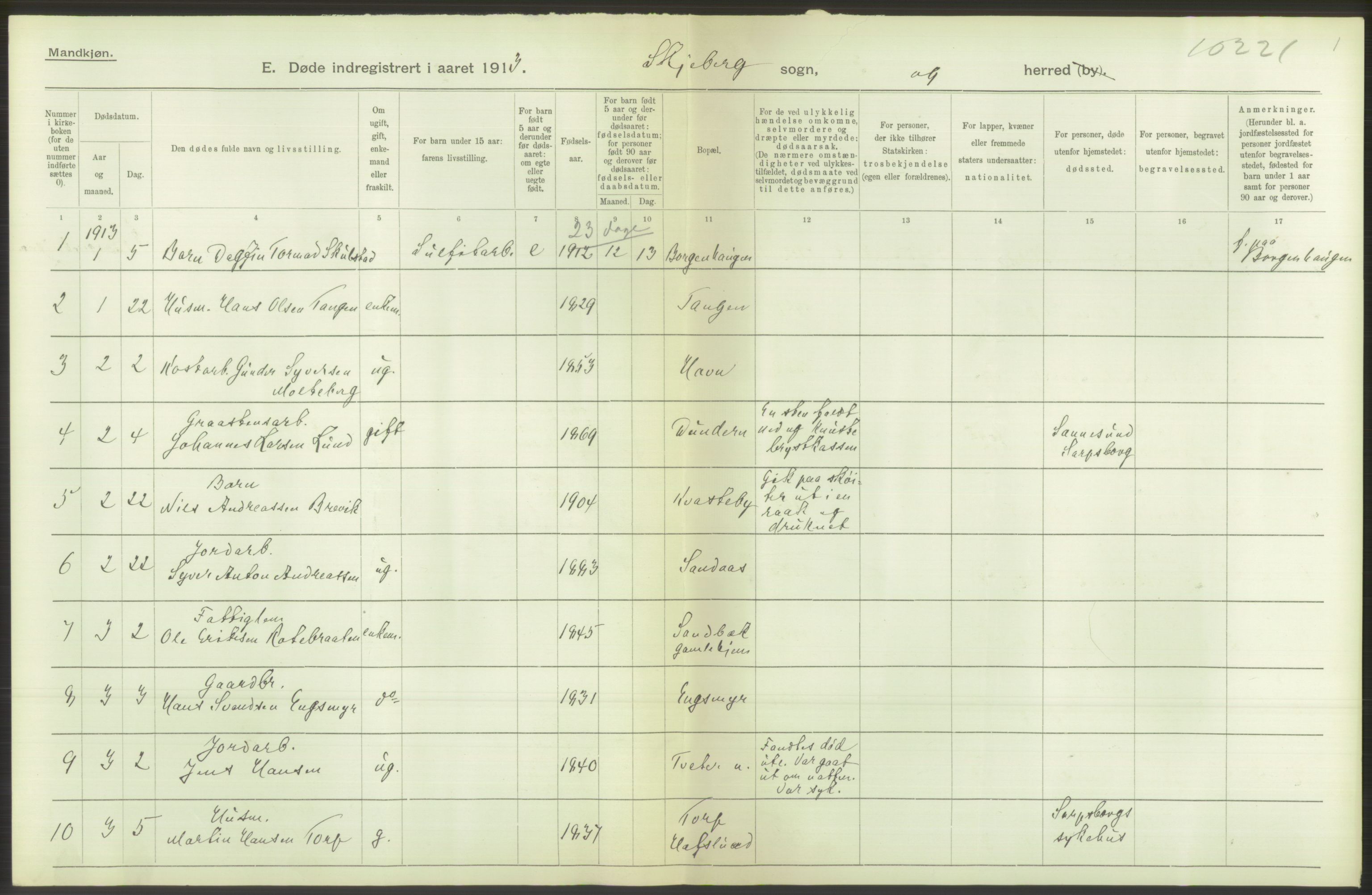 Statistisk sentralbyrå, Sosiodemografiske emner, Befolkning, AV/RA-S-2228/D/Df/Dfb/Dfbc/L0003: Smålenenes amt: Døde, dødfødte. Bygder og byer., 1913, s. 304