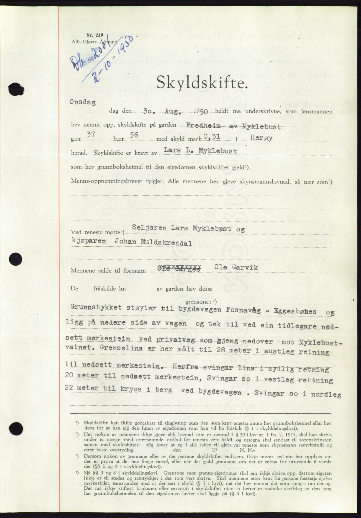 Søre Sunnmøre sorenskriveri, SAT/A-4122/1/2/2C/L0087: Pantebok nr. 13A, 1950-1950, Dagboknr: 2001/1950