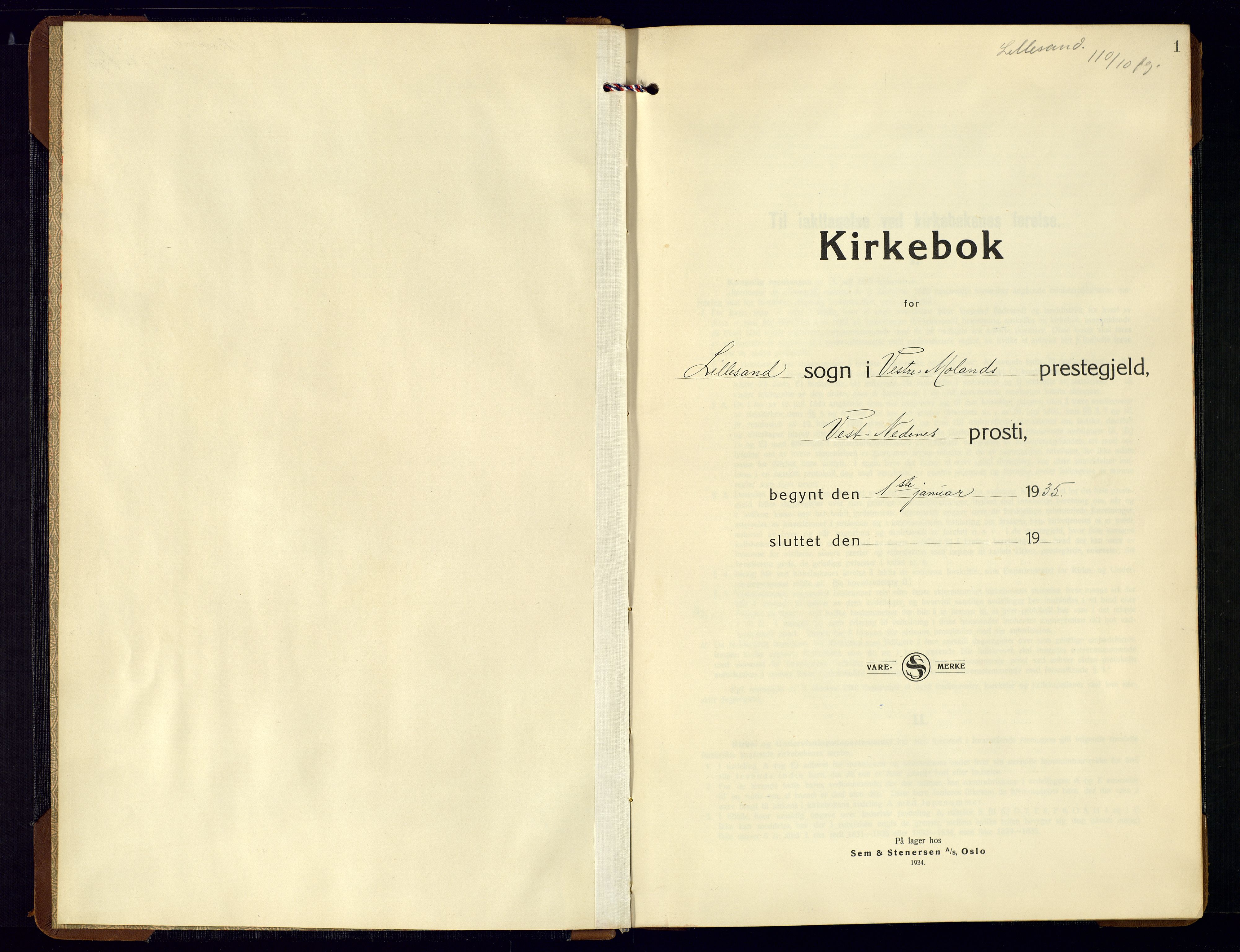 Vestre Moland sokneprestkontor, SAK/1111-0046/F/Fb/Fba/L0003: Klokkerbok nr. B-3, 1935-1962, s. 1