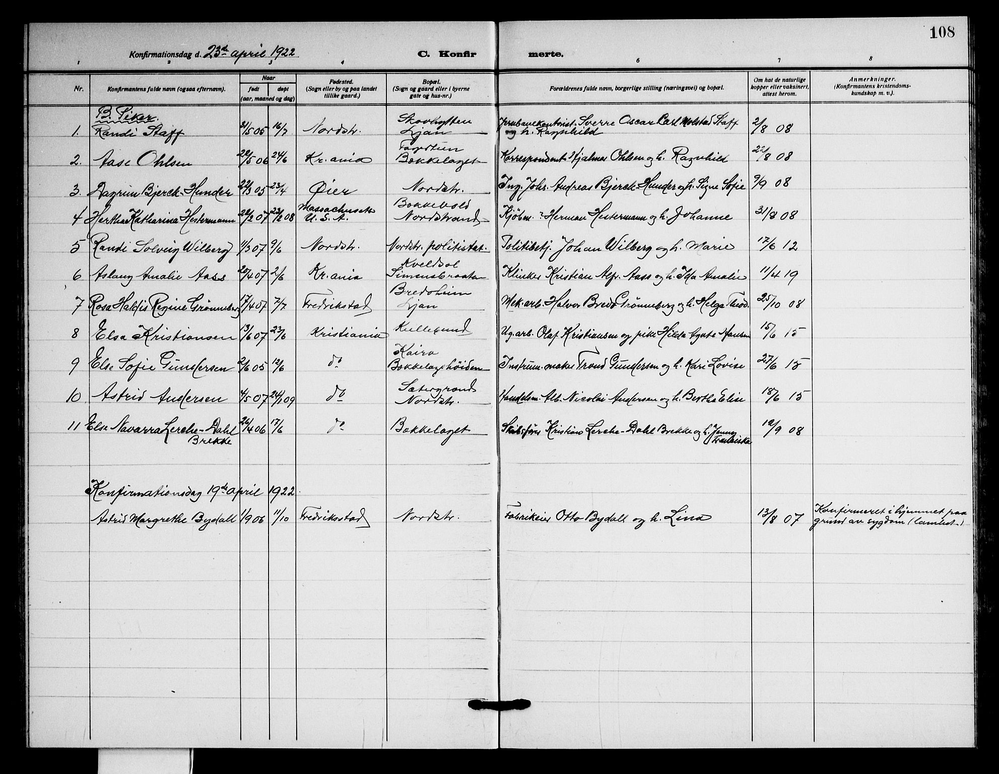 Nordstrand prestekontor Kirkebøker, AV/SAO-A-10362a/G/Ga/L0002: Klokkerbok nr. I 2, 1918-1925, s. 108