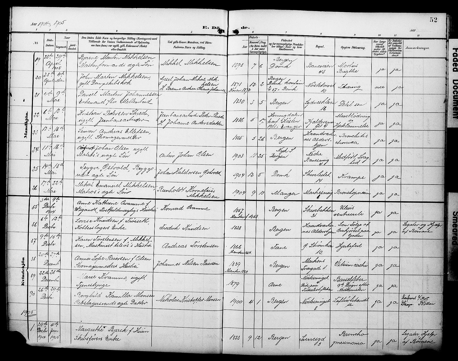 Domkirken sokneprestembete, AV/SAB-A-74801/H/Hab/L0042: Klokkerbok nr. E 6, 1900-1929, s. 52