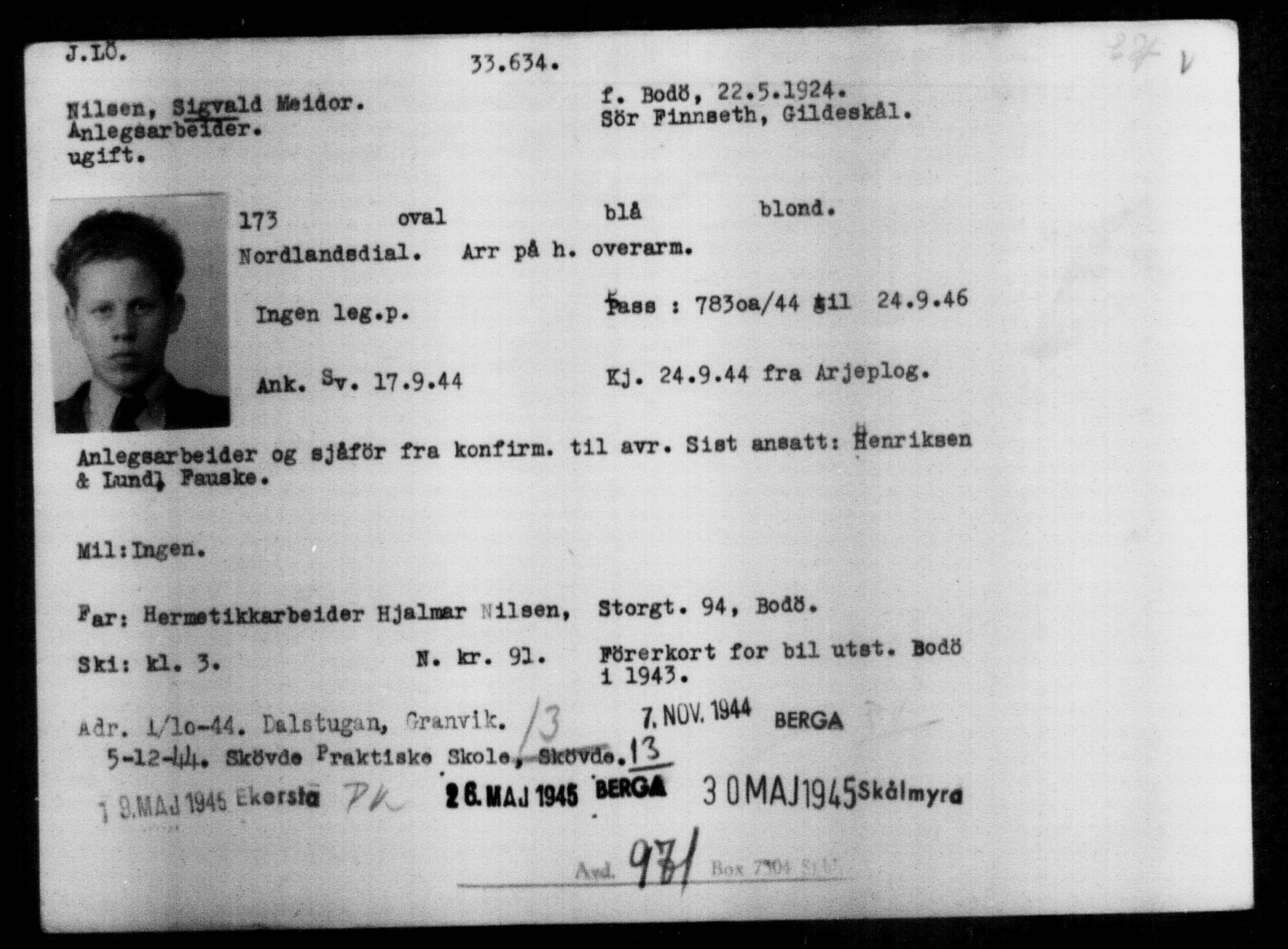 Utenriksstasjonene, Legasjonen i Stockholm, Flyktningkontoret, AV/RA-S-6753/V/Va/L0013: Kjesäterkartoteket, flyktninger med registreringsnr. 31500-34731, 1940-1945, s. 2252