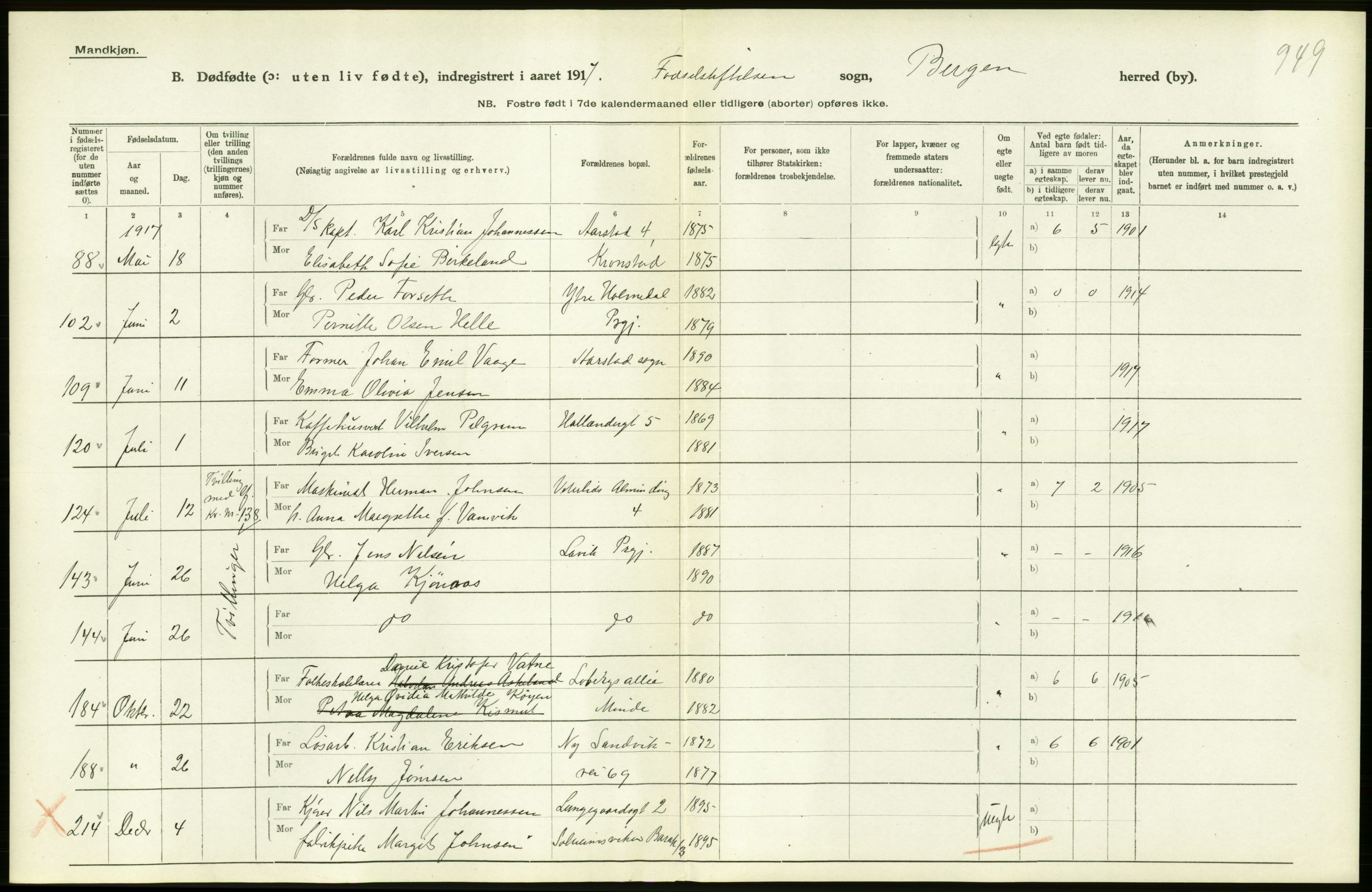 Statistisk sentralbyrå, Sosiodemografiske emner, Befolkning, AV/RA-S-2228/D/Df/Dfb/Dfbg/L0038: Bergen: Gifte, døde, dødfødte., 1917, s. 326