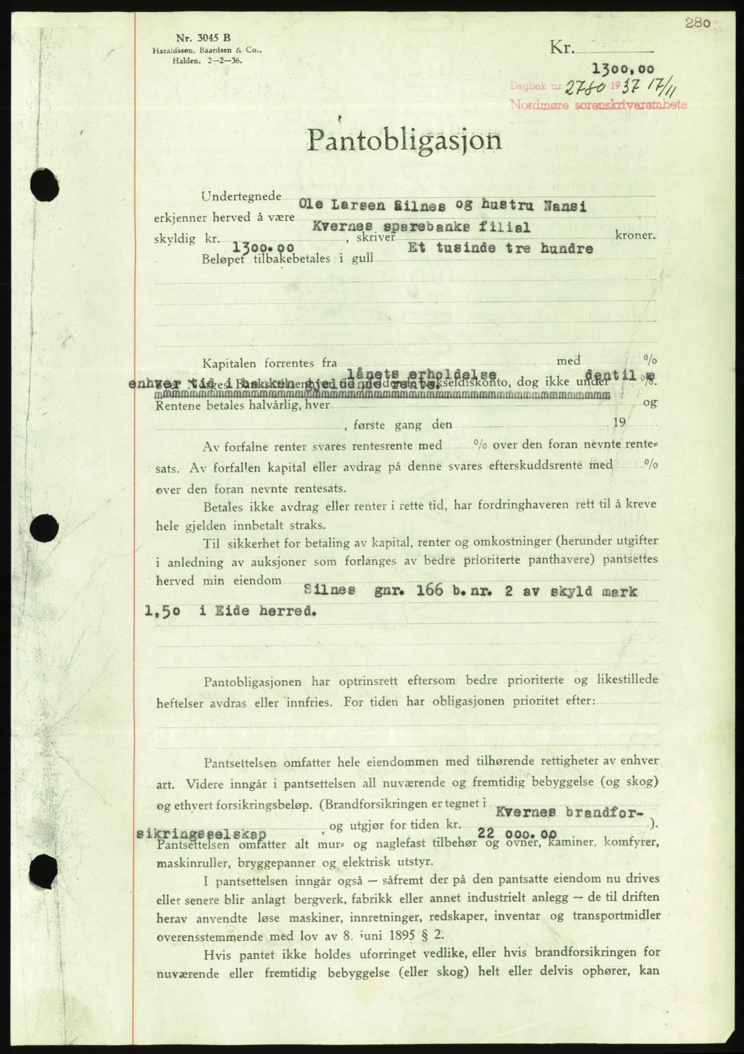 Nordmøre sorenskriveri, AV/SAT-A-4132/1/2/2Ca/L0092: Pantebok nr. B82, 1937-1938, Dagboknr: 2780/1937