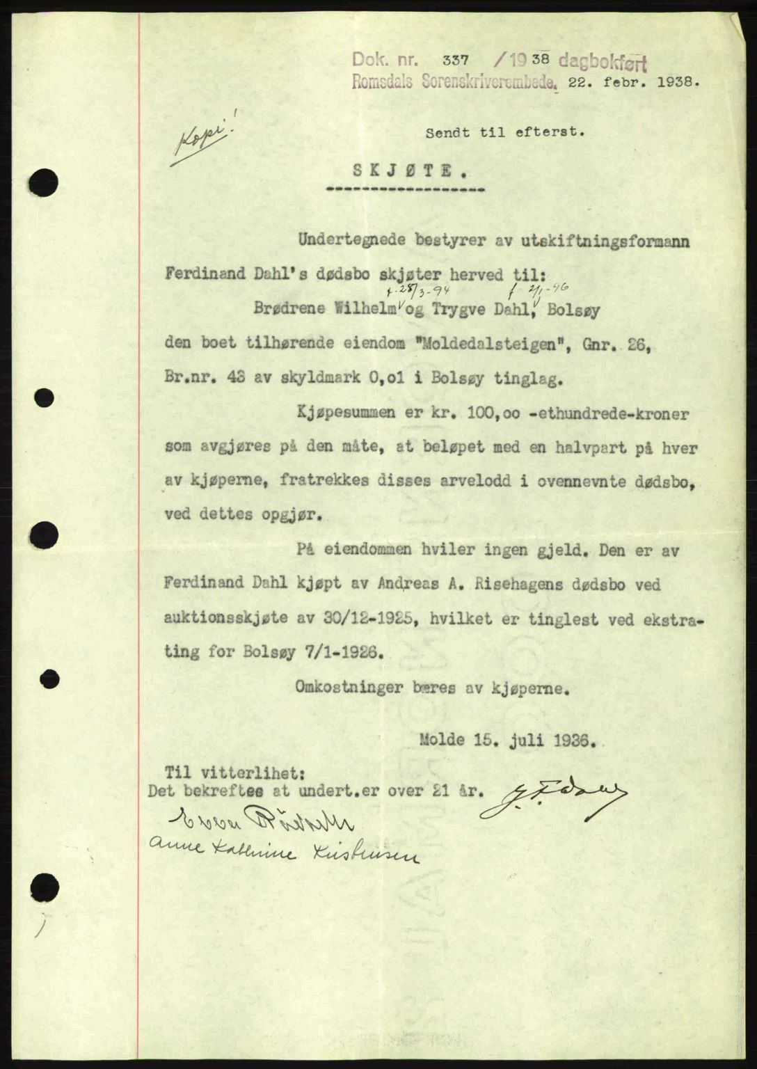 Romsdal sorenskriveri, SAT/A-4149/1/2/2C: Pantebok nr. A4, 1937-1938, Dagboknr: 337/1938