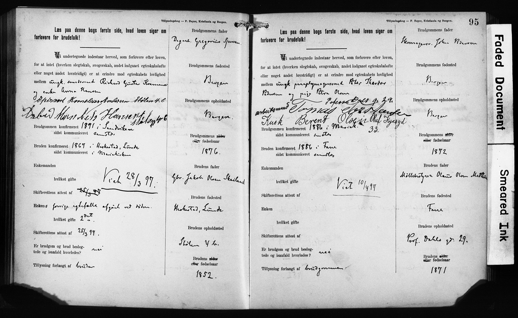 Mariakirken Sokneprestembete, AV/SAB-A-76901: Forlovererklæringer nr. II.5.1, 1891-1901, s. 95