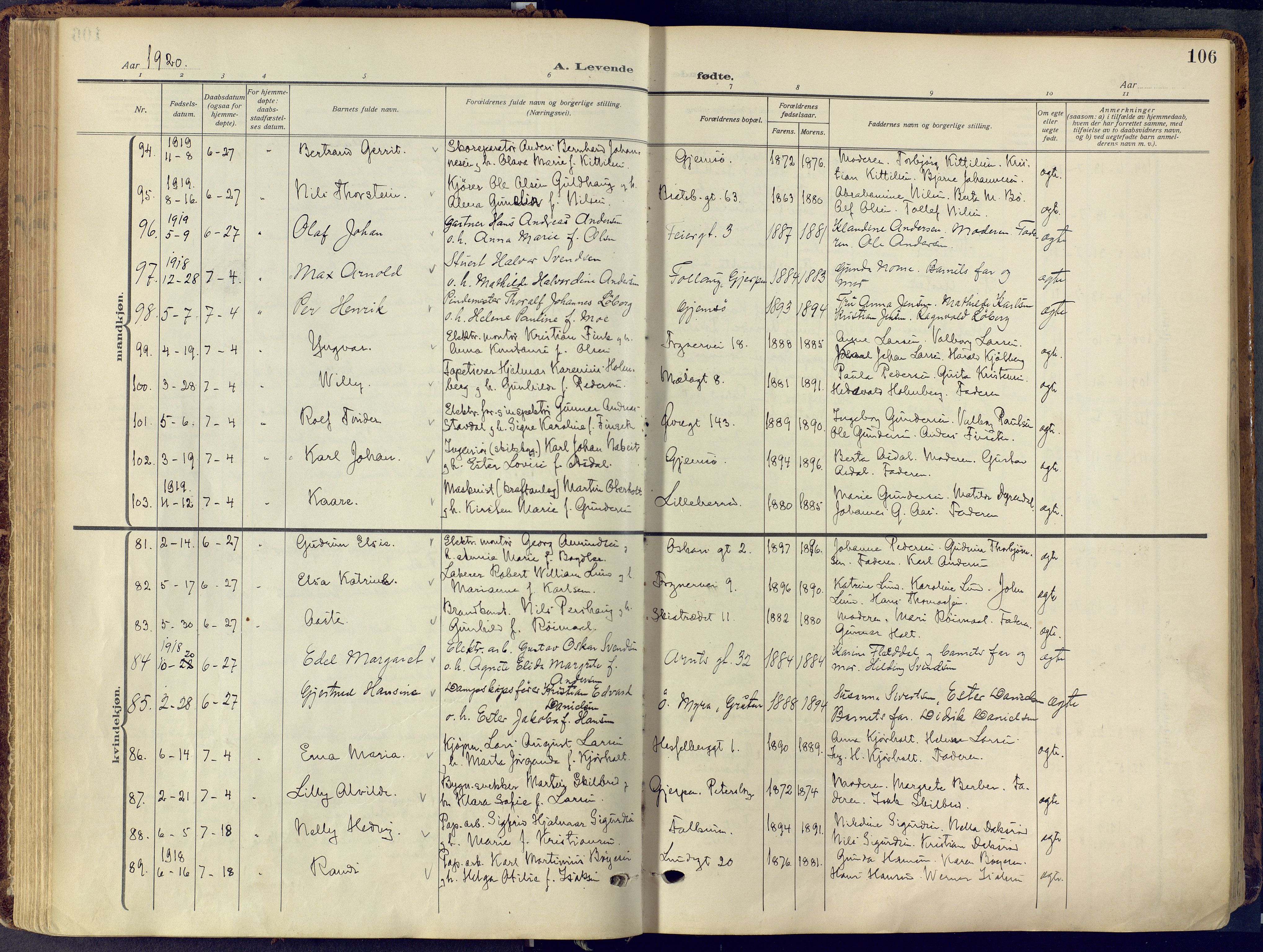 Skien kirkebøker, SAKO/A-302/F/Fa/L0013: Ministerialbok nr. 13, 1915-1921, s. 106