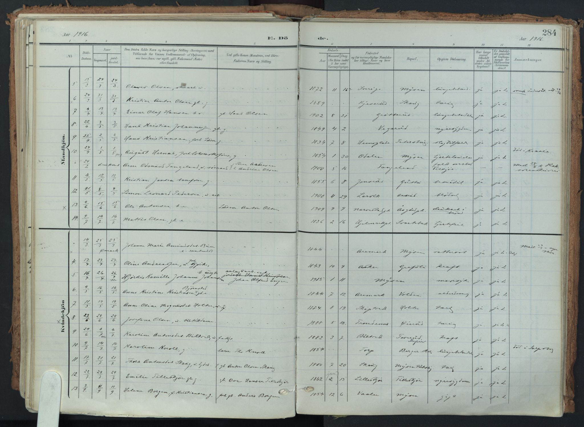 Eidsberg prestekontor Kirkebøker, SAO/A-10905/F/Fa/L0014: Ministerialbok nr. I 14, 1902-1919, s. 284