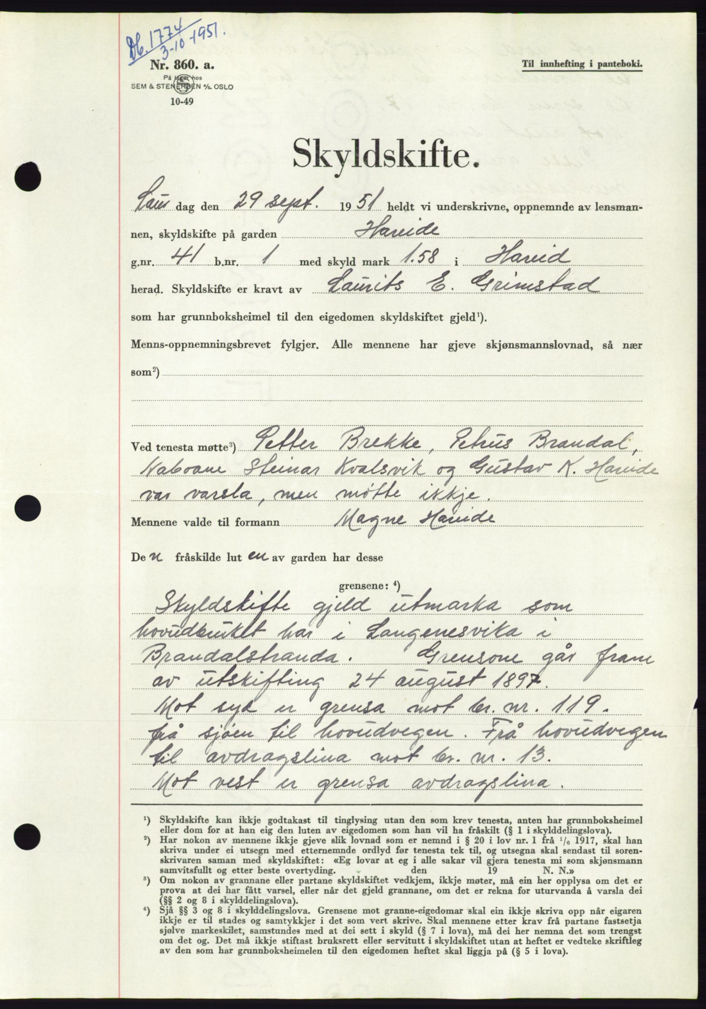 Søre Sunnmøre sorenskriveri, AV/SAT-A-4122/1/2/2C/L0090: Pantebok nr. 16A, 1951-1951, Dagboknr: 1774/1951