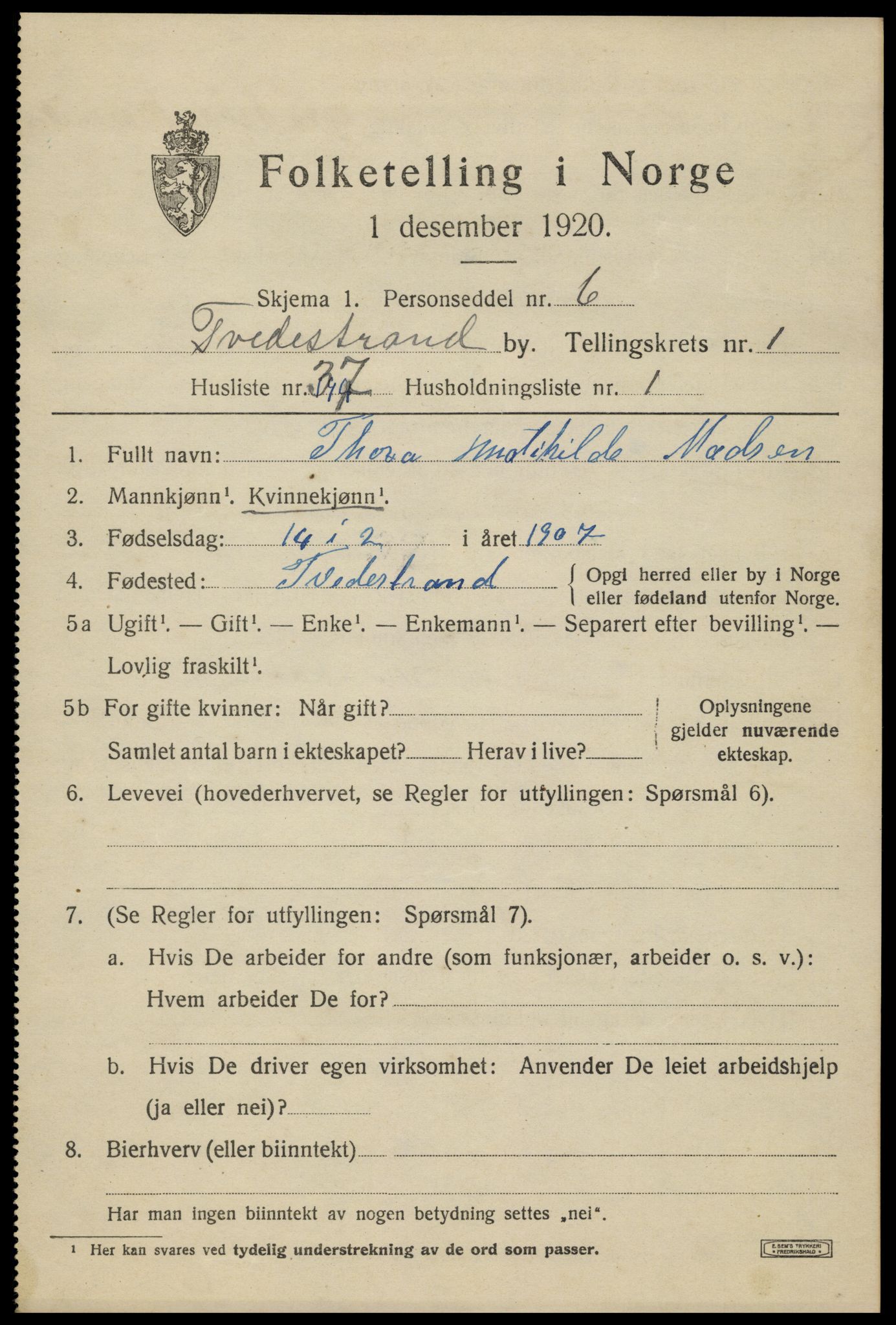 SAK, Folketelling 1920 for 0902 Tvedestrand ladested, 1920, s. 1703