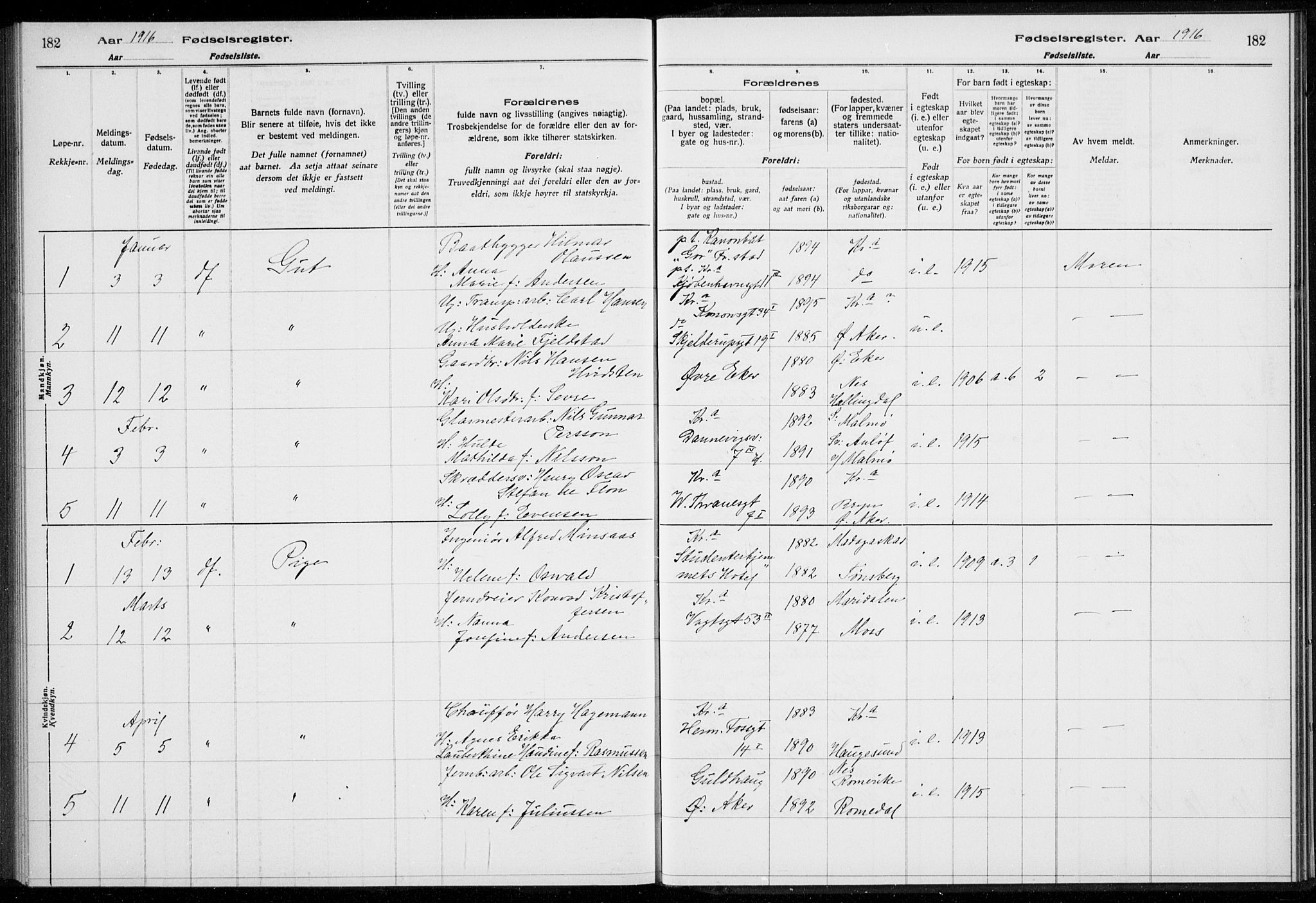 Rikshospitalet prestekontor Kirkebøker, AV/SAO-A-10309b/J/L0001: Fødselsregister nr. 1, 1916-1916, s. 182