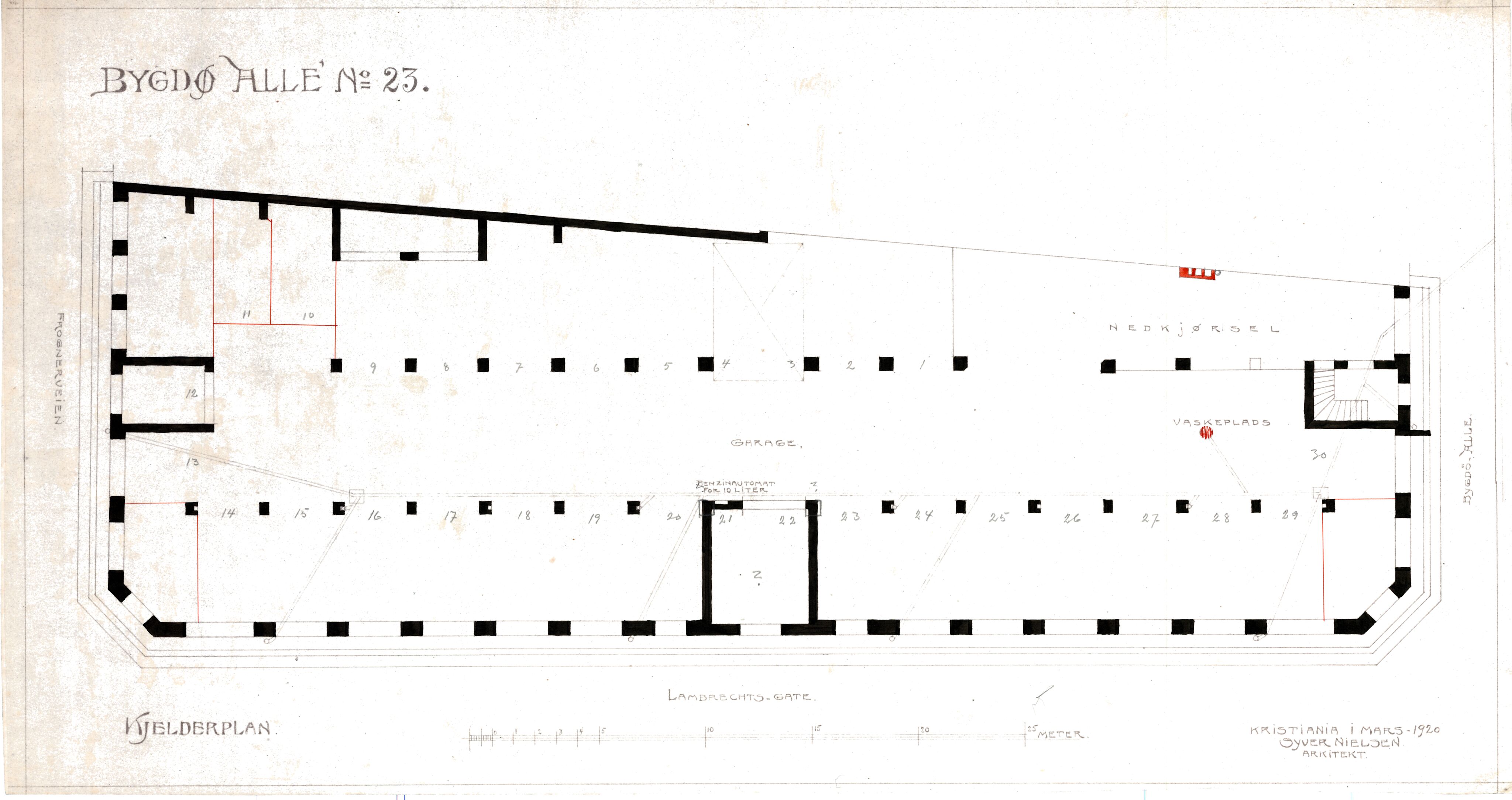 Syver Nielsen Arkitekt, OBA/A-70230/T/L0003/0004: Bygdøy allé 23, ikke gjennomført prosjekt for automobilhotell / Grunnplaner, 1920, s. 2