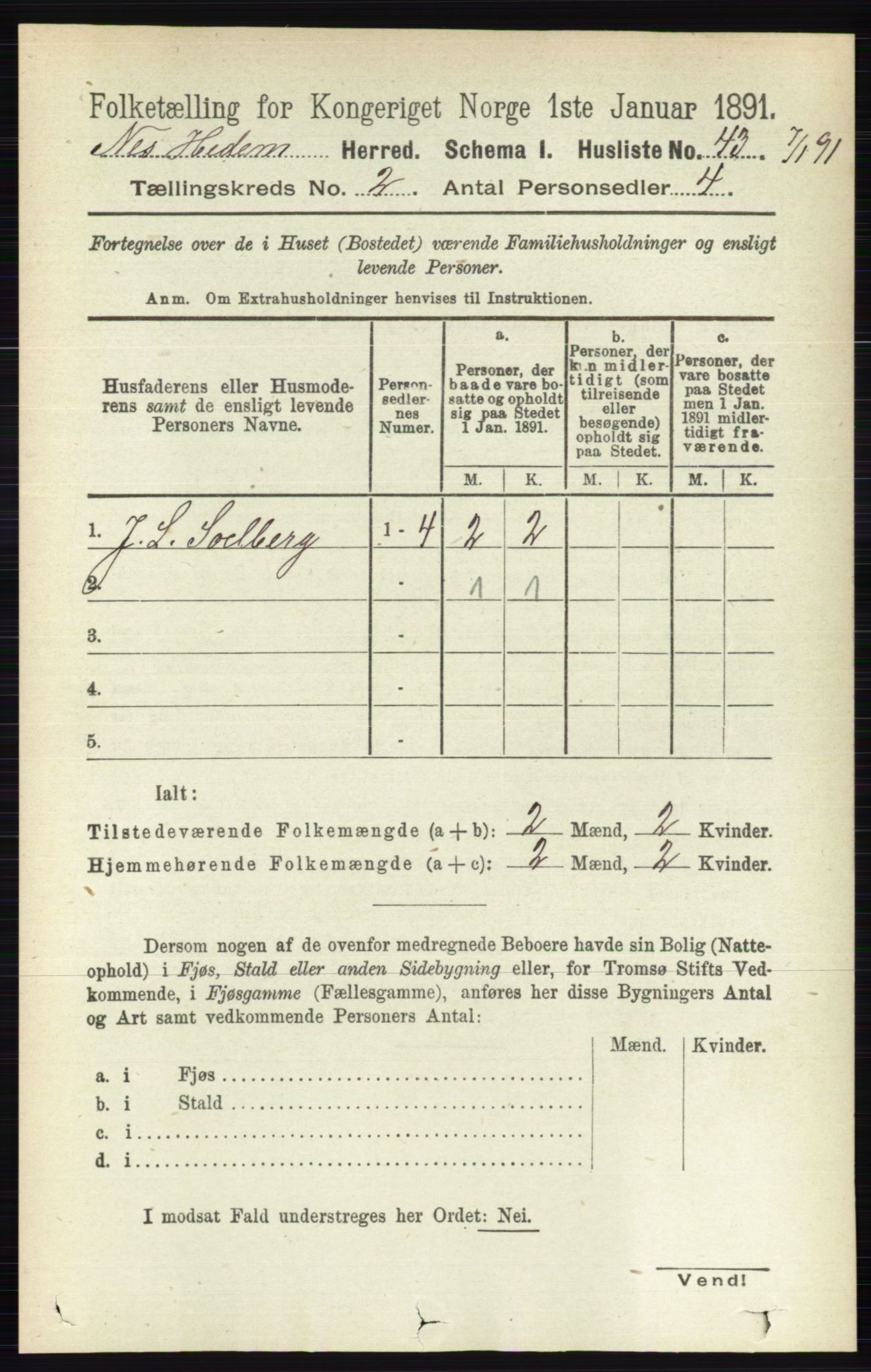 RA, Folketelling 1891 for 0411 Nes herred, 1891, s. 1047