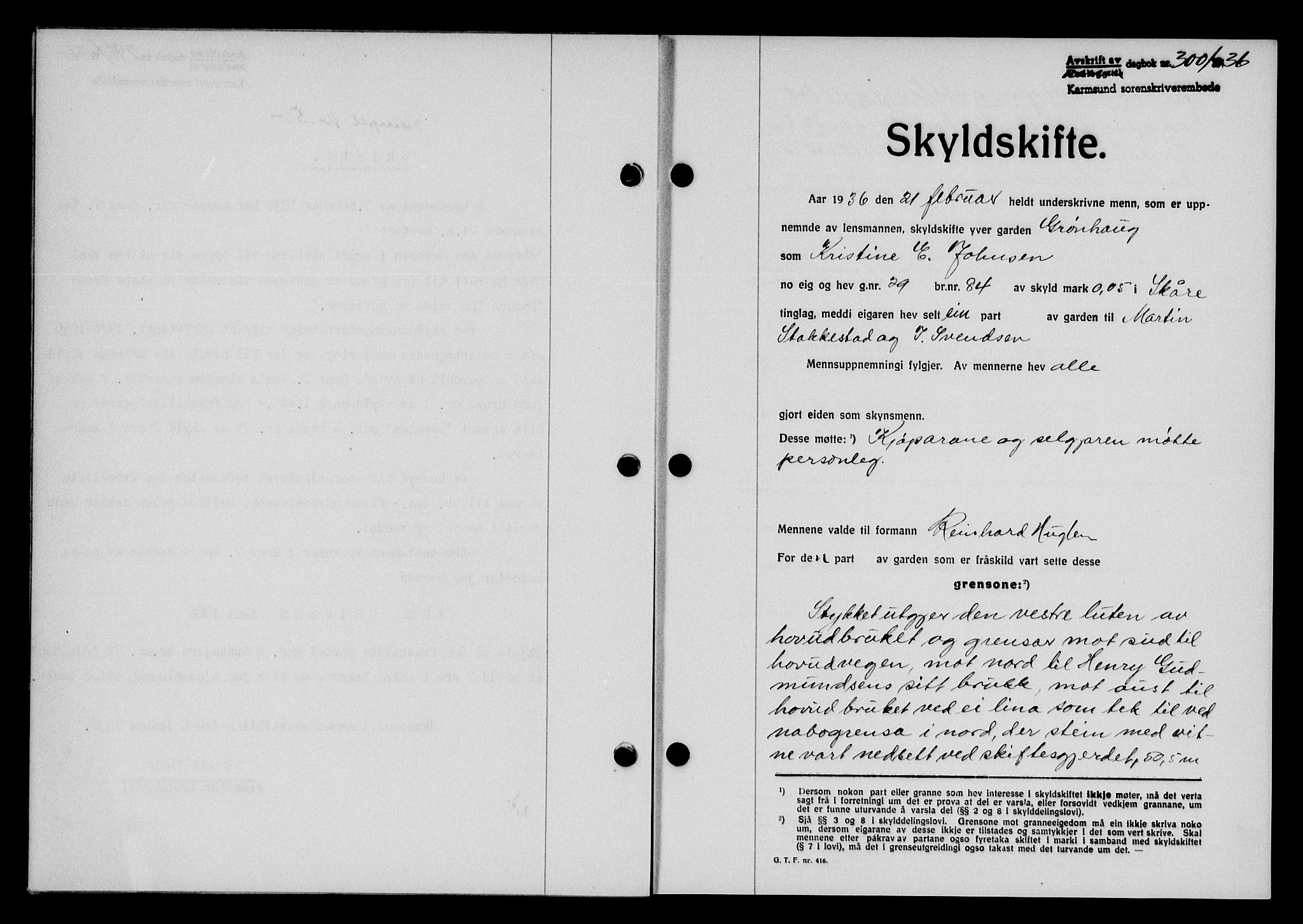 Karmsund sorenskriveri, SAST/A-100311/01/II/IIB/L0066: Pantebok nr. 47A, 1936-1936, Dagboknr: 300/1936