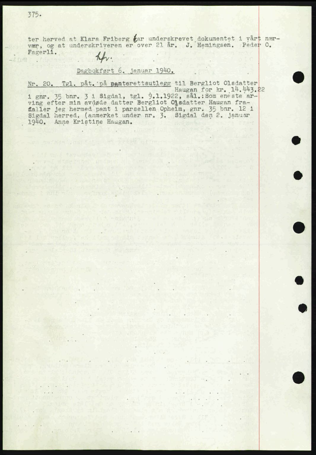 Eiker, Modum og Sigdal sorenskriveri, SAKO/A-123/G/Ga/Gab/L0041: Pantebok nr. A11, 1939-1940, Dagboknr: 20/1940