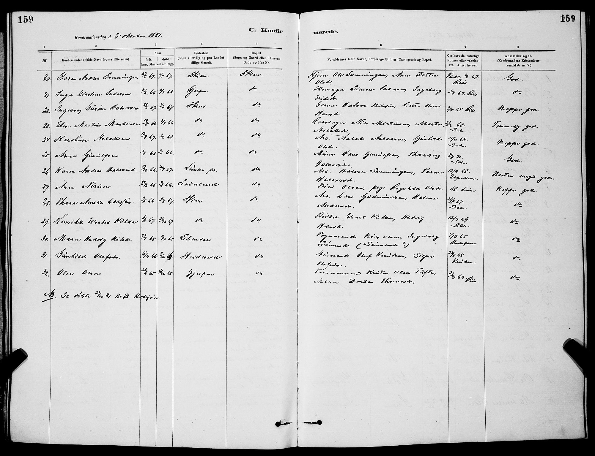 Skien kirkebøker, SAKO/A-302/G/Ga/L0006: Klokkerbok nr. 6, 1881-1890, s. 159