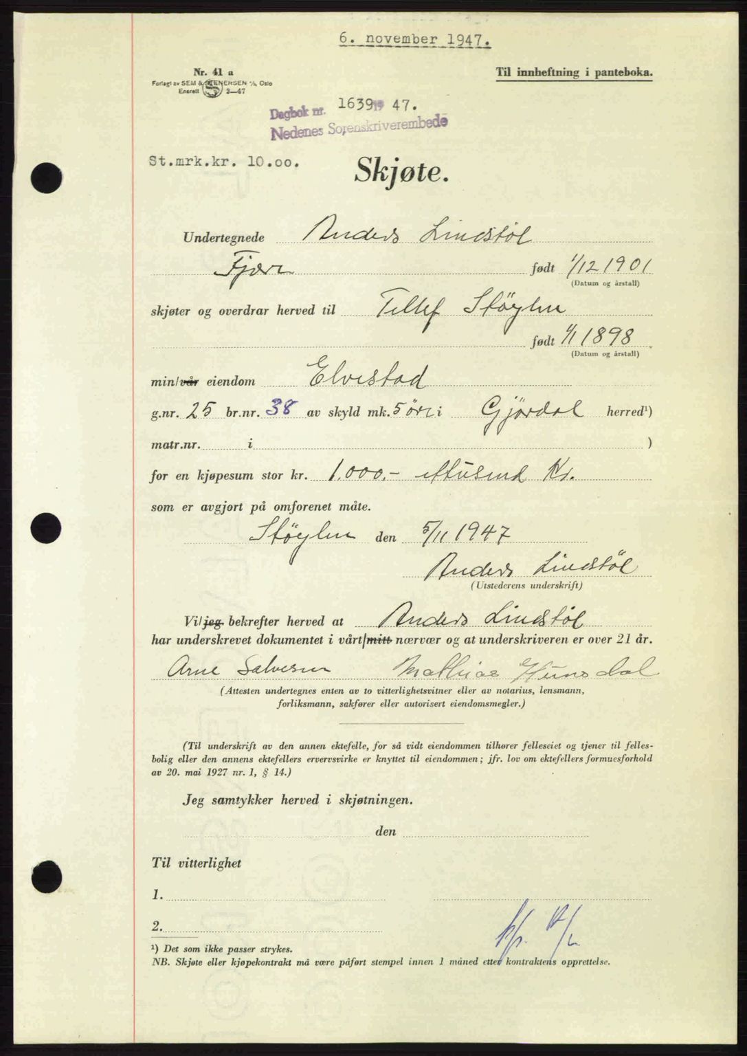 Nedenes sorenskriveri, SAK/1221-0006/G/Gb/Gba/L0058: Pantebok nr. A10, 1947-1948, Dagboknr: 1639/1947