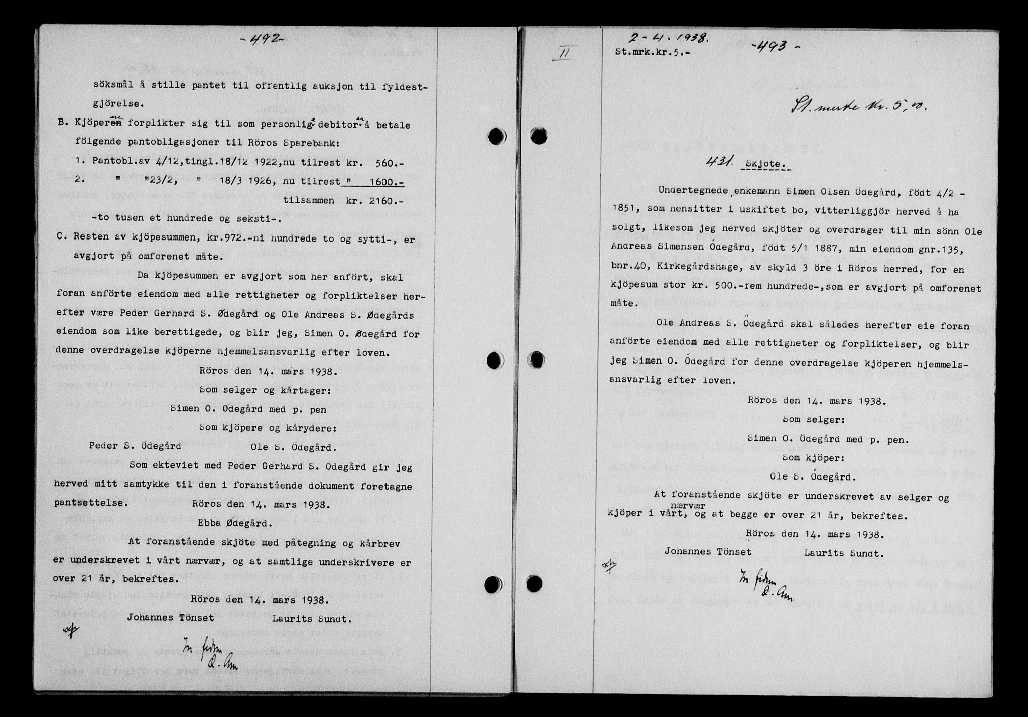 Gauldal sorenskriveri, SAT/A-0014/1/2/2C/L0048: Pantebok nr. 51-52, 1937-1938, s. 492, Dagboknr: 431/1938