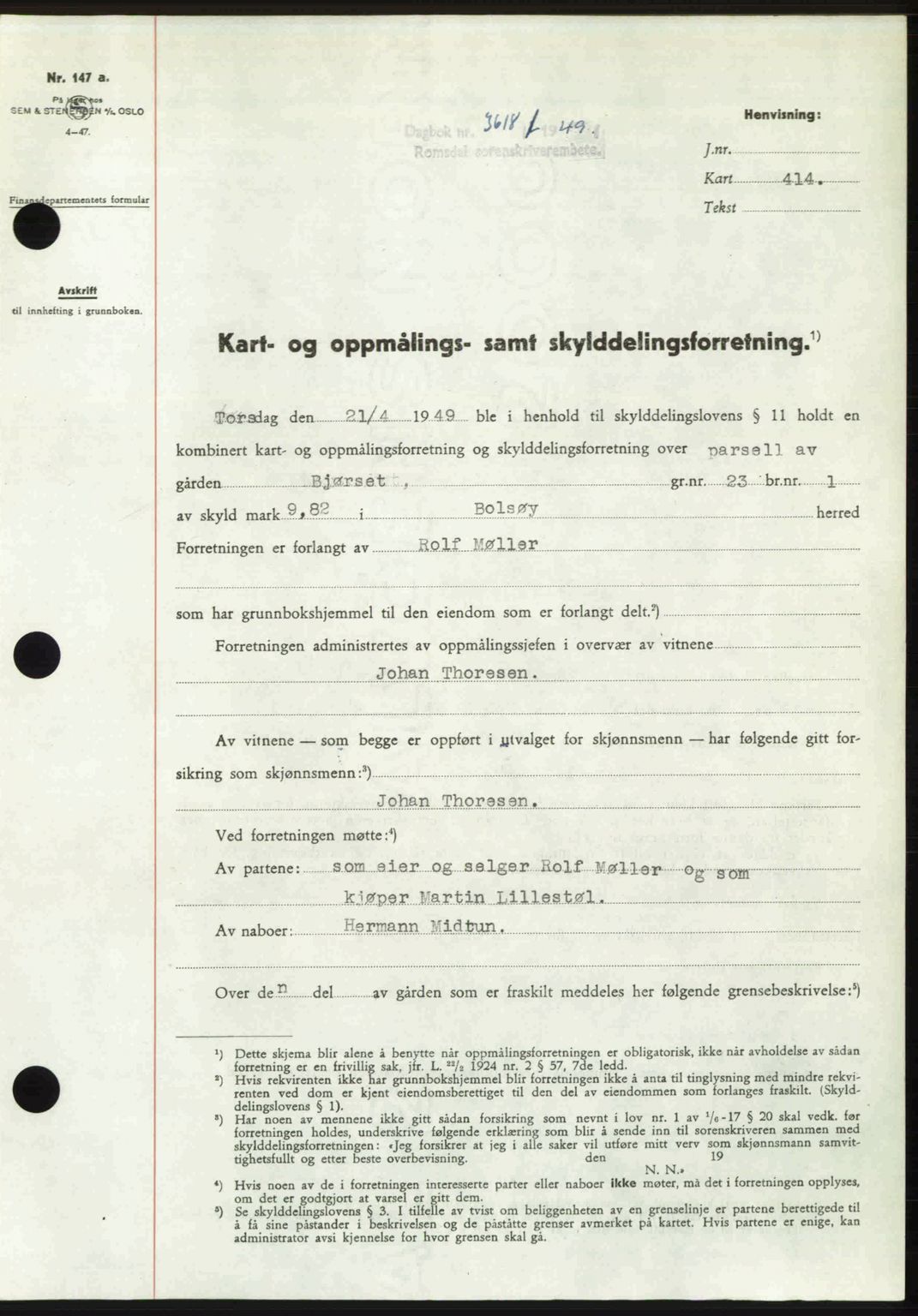 Romsdal sorenskriveri, SAT/A-4149/1/2/2C: Pantebok nr. A31, 1949-1949, Dagboknr: 3618/1949