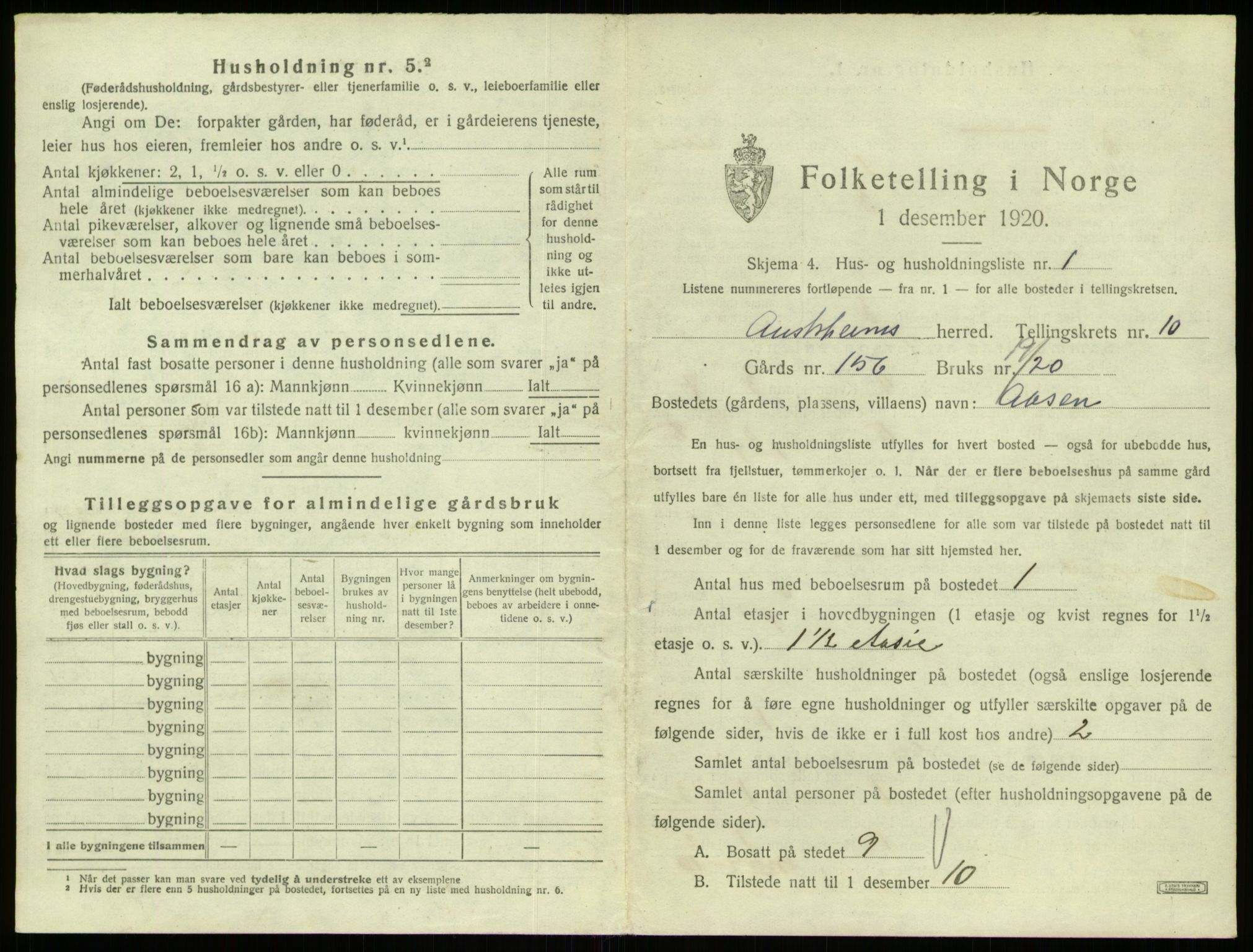 SAB, Folketelling 1920 for 1264 Austrheim herred, 1920, s. 464