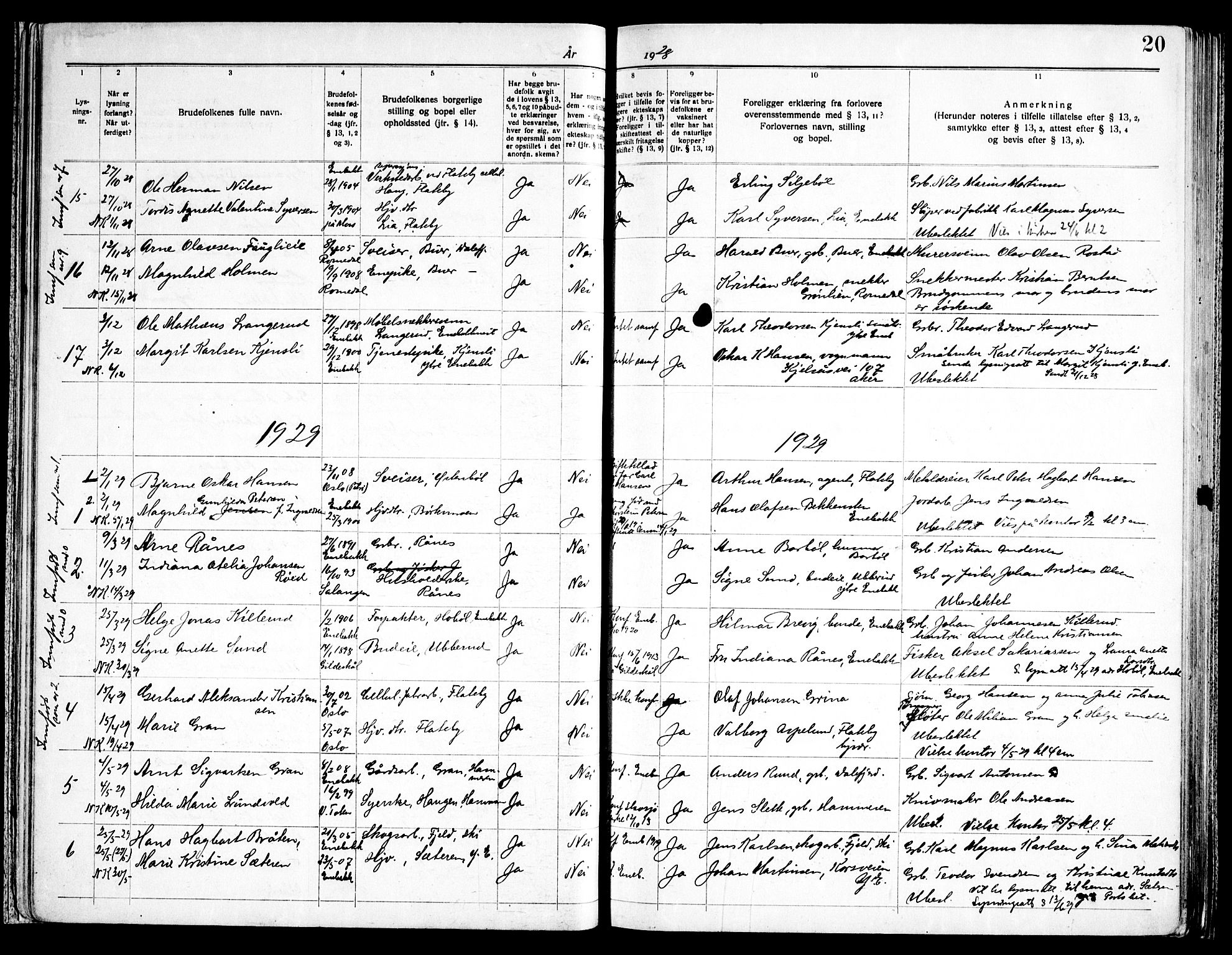 Enebakk prestekontor Kirkebøker, AV/SAO-A-10171c/H/Ha/L0001: Lysningsprotokoll nr. 1, 1919-1958, s. 20