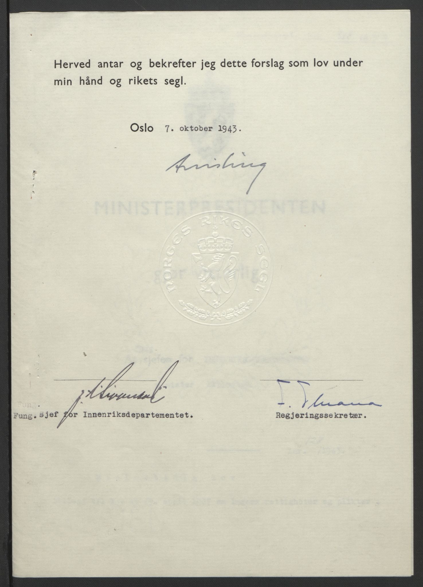 NS-administrasjonen 1940-1945 (Statsrådsekretariatet, de kommisariske statsråder mm), RA/S-4279/D/Db/L0099: Lover, 1943, s. 603