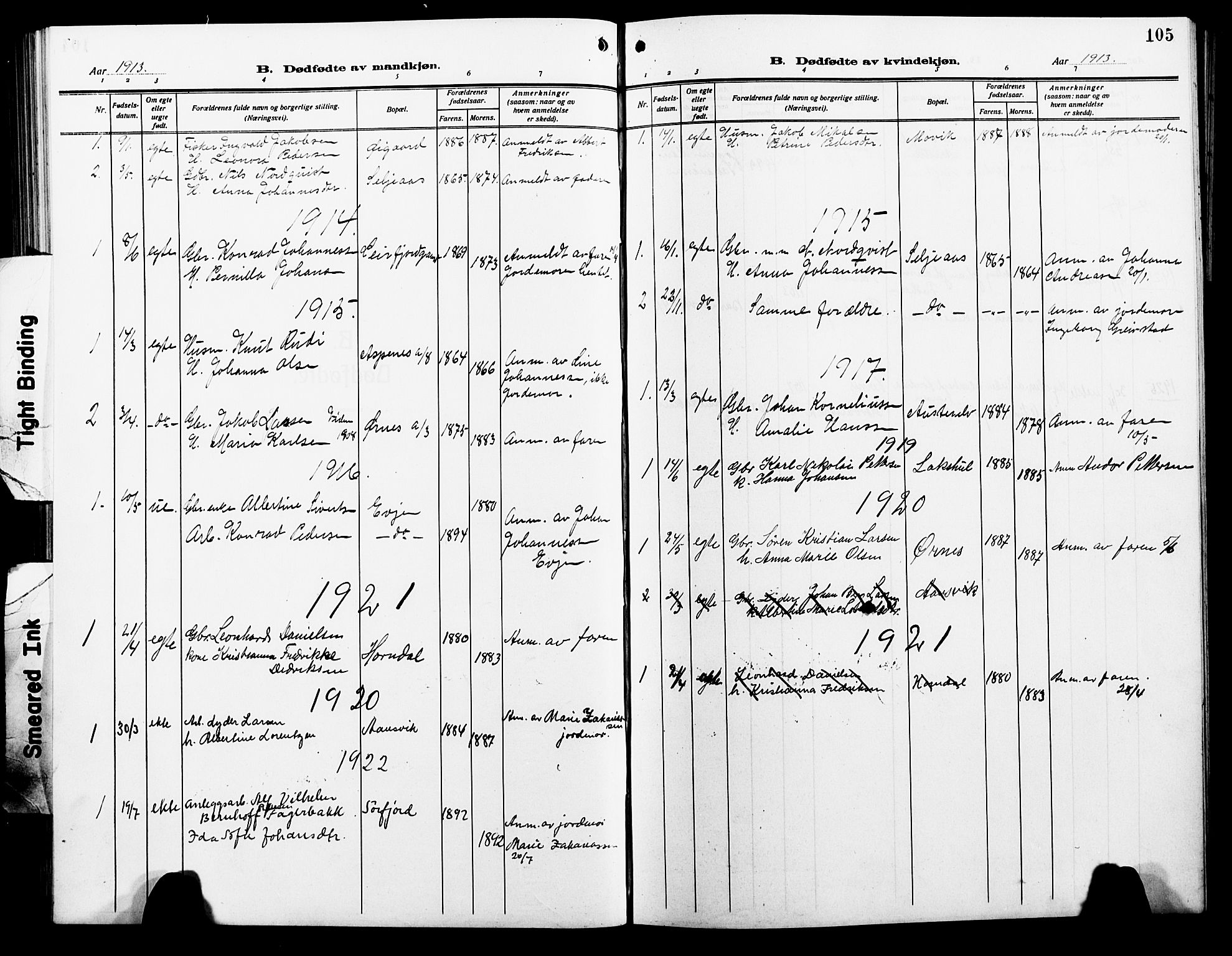 Ministerialprotokoller, klokkerbøker og fødselsregistre - Nordland, AV/SAT-A-1459/854/L0787: Klokkerbok nr. 854C03, 1913-1926, s. 105