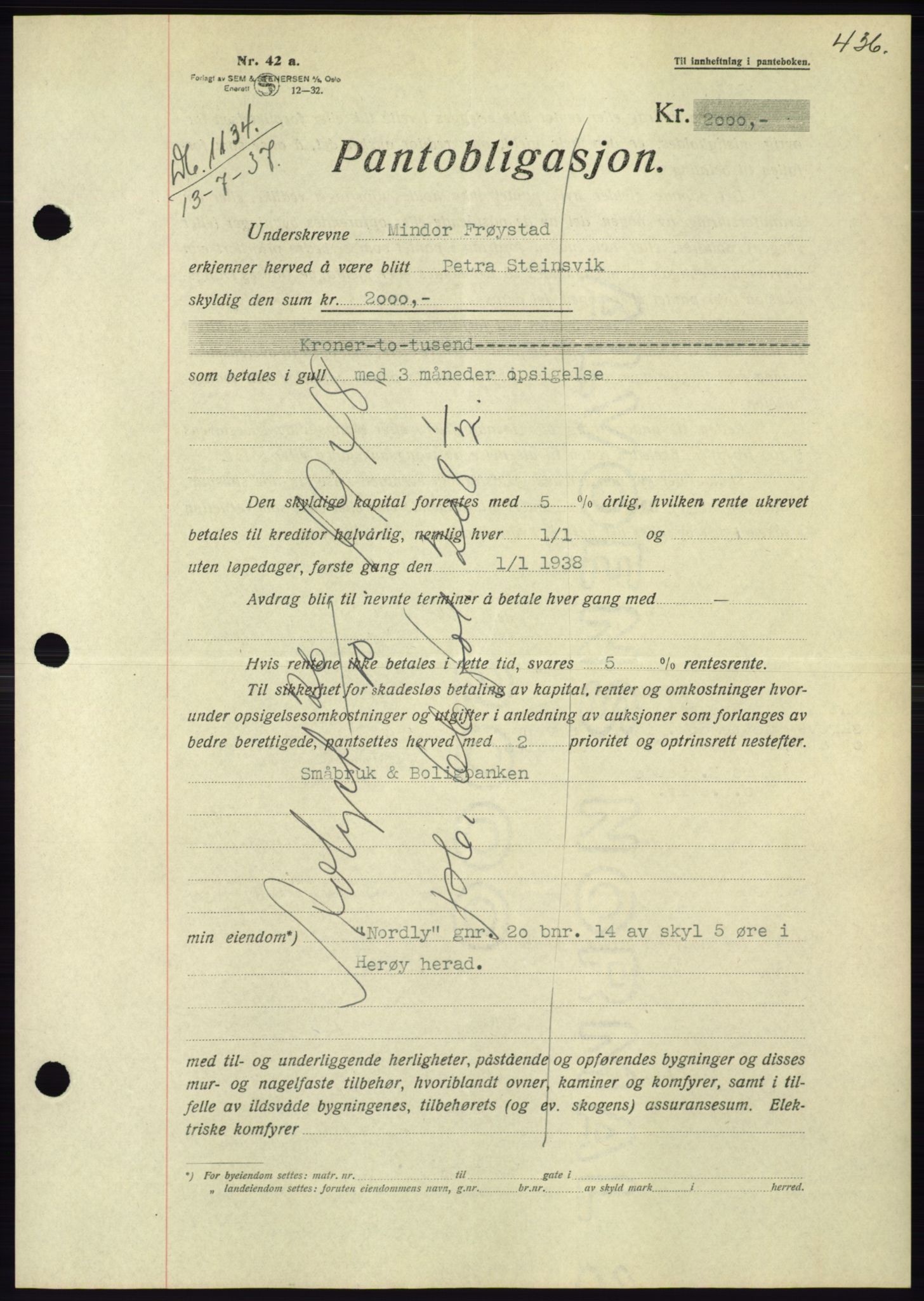 Søre Sunnmøre sorenskriveri, AV/SAT-A-4122/1/2/2C/L0063: Pantebok nr. 57, 1937-1937, Dagboknr: 1134/1937