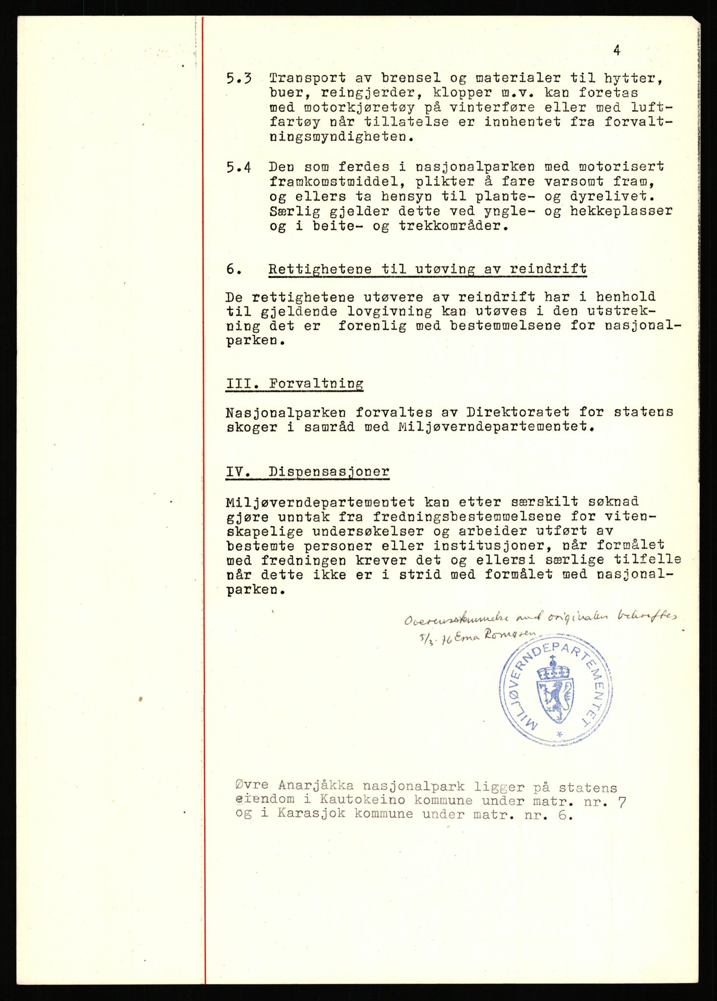 Miljøverndepartementet, AV/RA-S-2532/2/Dba/L0250: Nasjonalparker. Finnmark, 1976