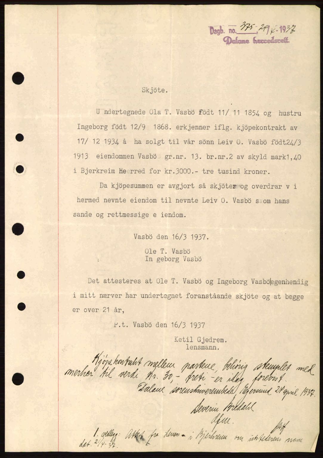 Dalane sorenskriveri, SAST/A-100309/02/G/Gb/L0041: Pantebok nr. A2, 1936-1937, Dagboknr: 375/1937