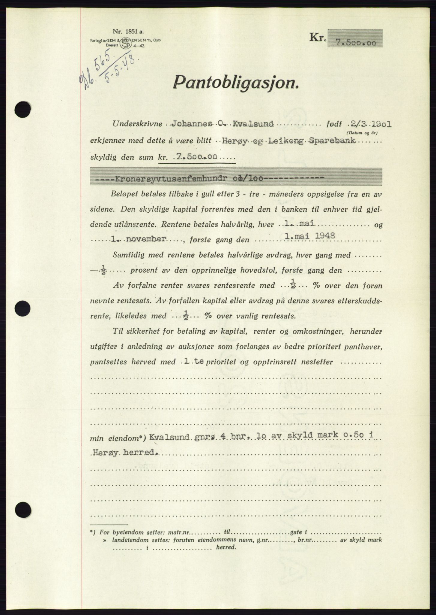 Søre Sunnmøre sorenskriveri, AV/SAT-A-4122/1/2/2C/L0115: Pantebok nr. 3B, 1947-1948, Dagboknr: 565/1948