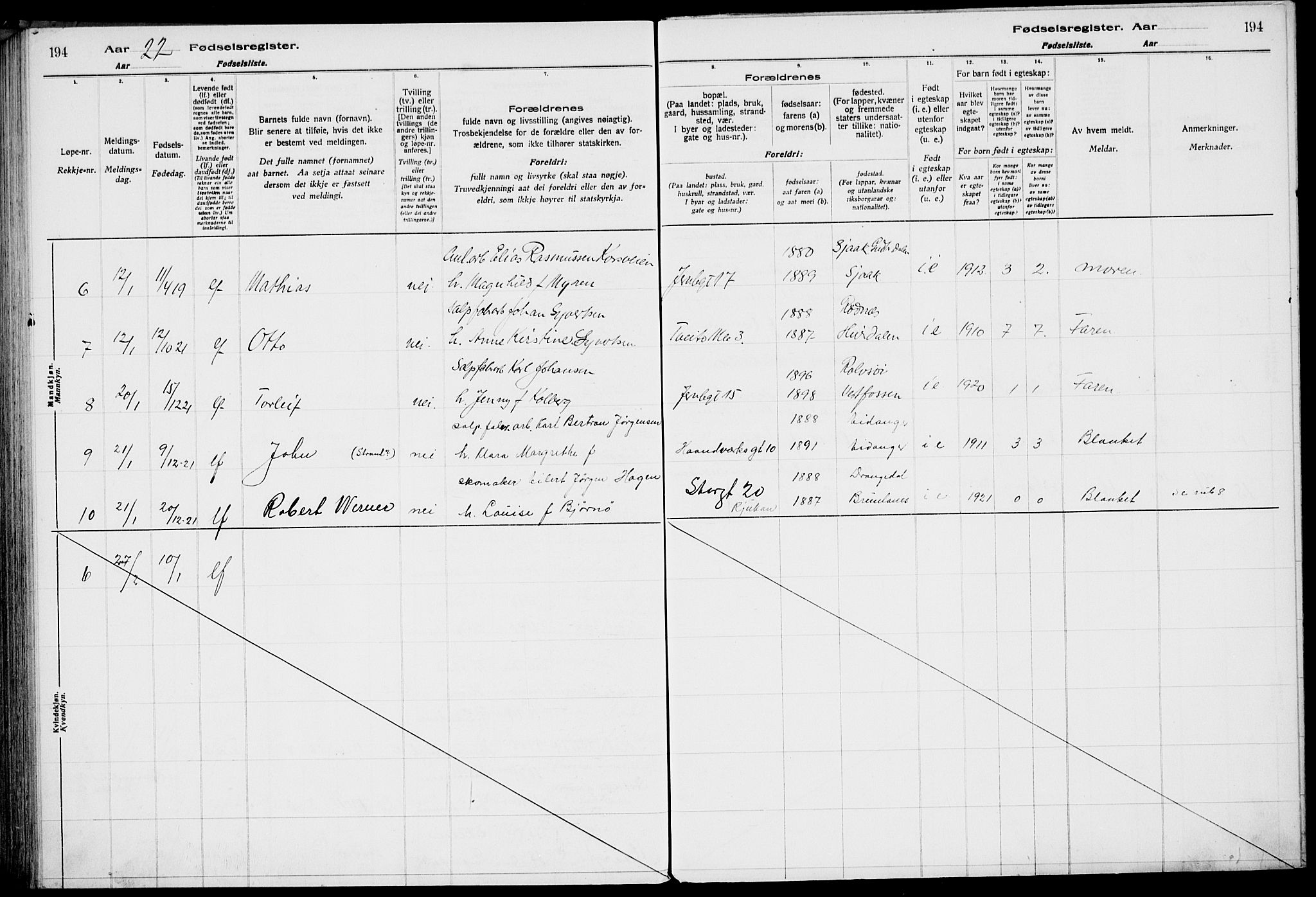 Rjukan kirkebøker, AV/SAKO-A-294/J/Ja/L0001: Fødselsregister nr. 1, 1916-1922, s. 194