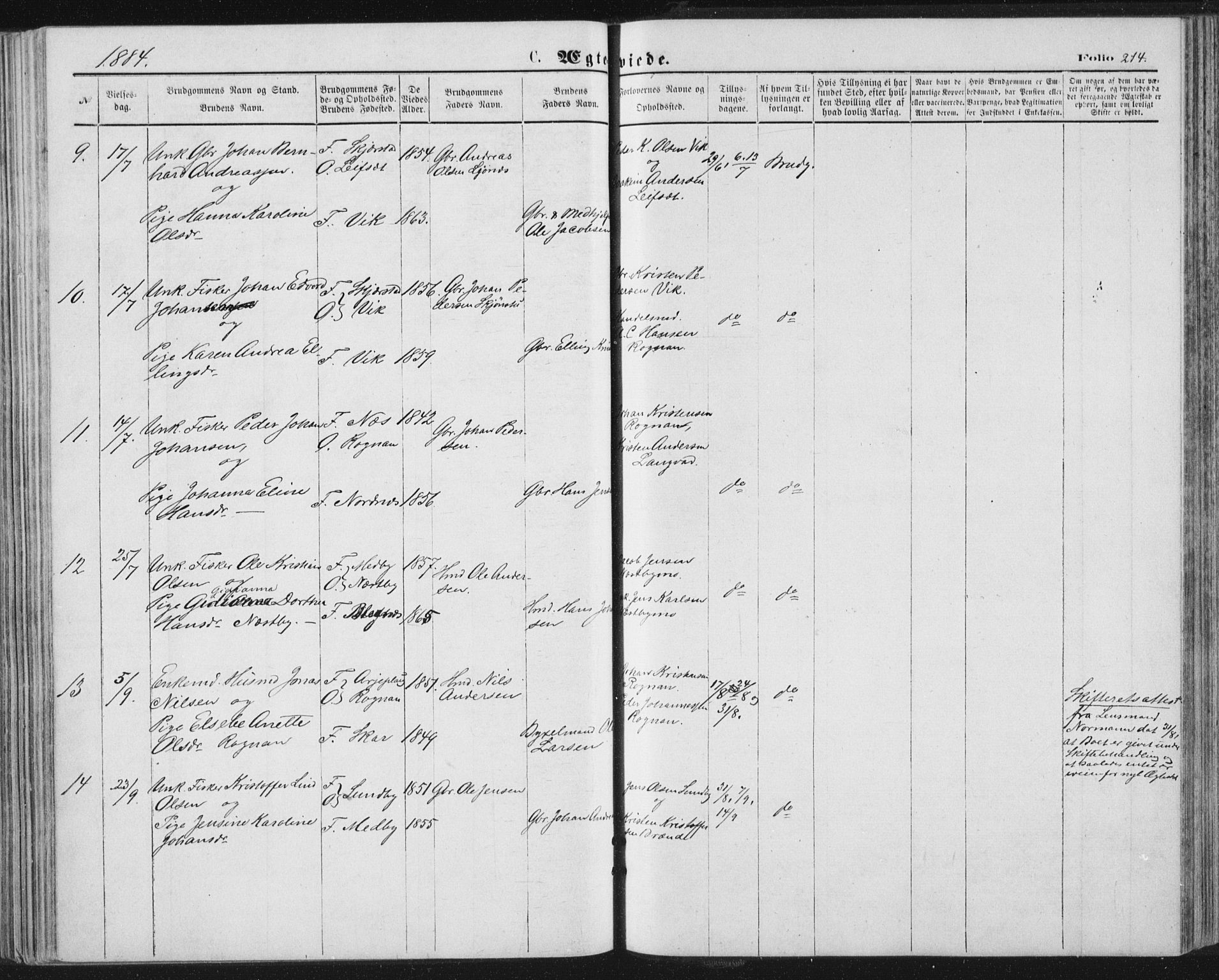 Ministerialprotokoller, klokkerbøker og fødselsregistre - Nordland, AV/SAT-A-1459/847/L0668: Ministerialbok nr. 847A08, 1872-1886, s. 214