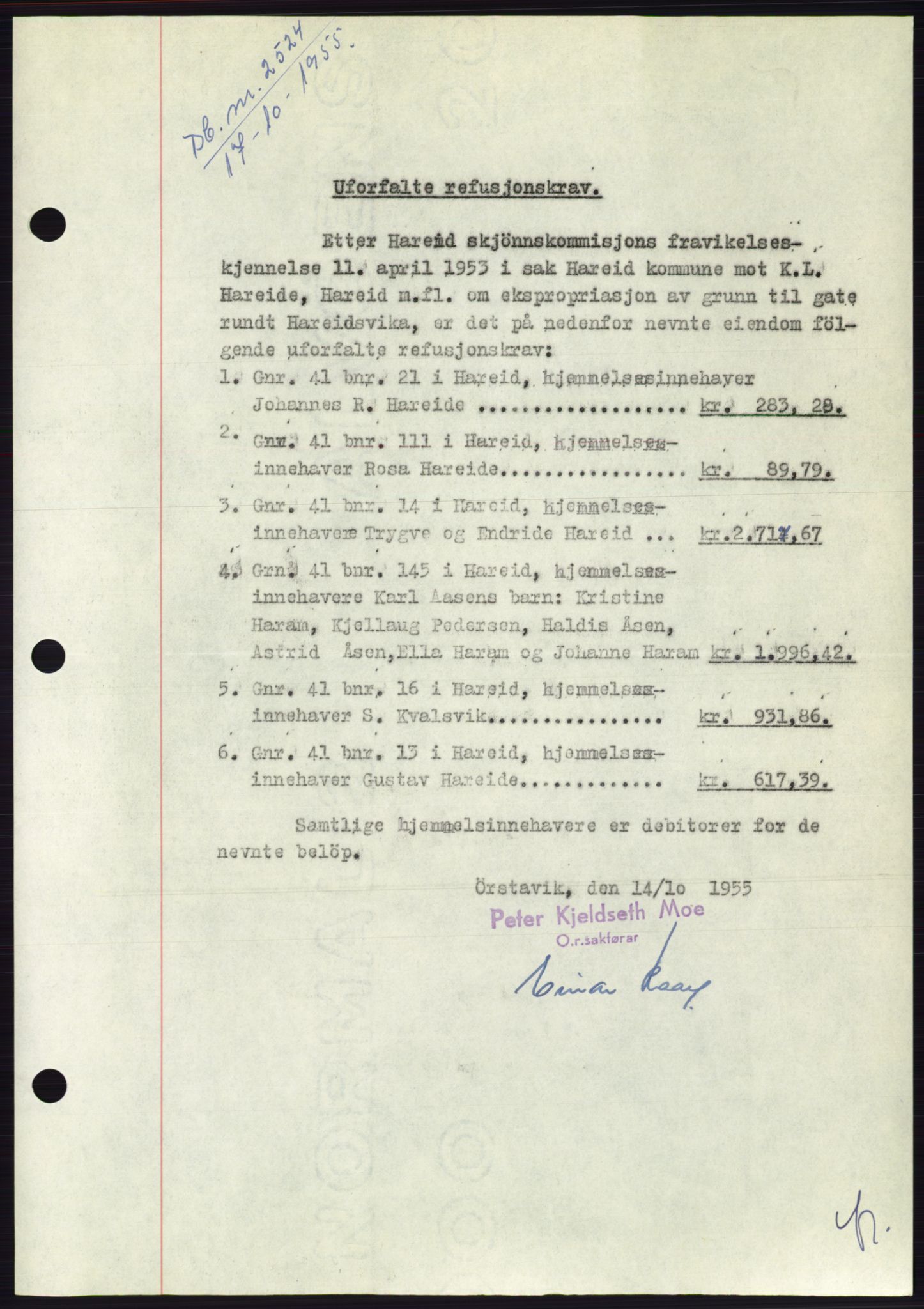 Søre Sunnmøre sorenskriveri, SAT/A-4122/1/2/2C/L0127: Pantebok nr. 15B, 1955-1955, Dagboknr: 2524/1955