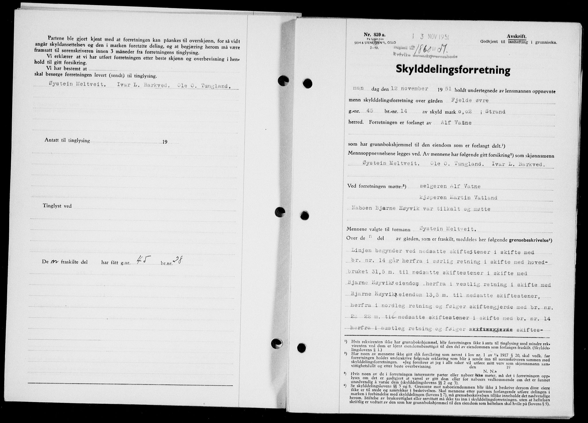 Ryfylke tingrett, SAST/A-100055/001/II/IIB/L0114: Pantebok nr. 93, 1951-1951, Dagboknr: 1860/1951