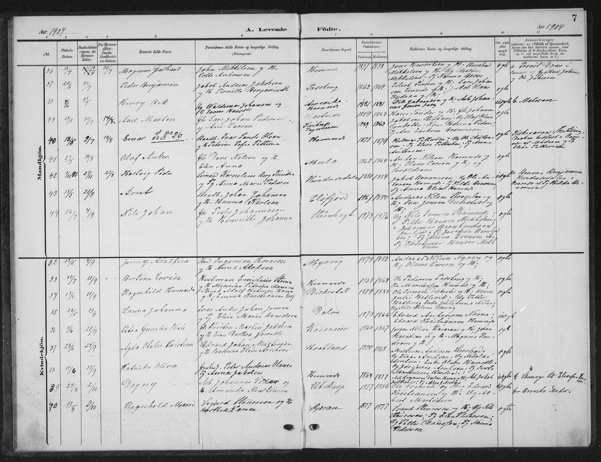 Ministerialprotokoller, klokkerbøker og fødselsregistre - Nordland, AV/SAT-A-1459/825/L0370: Klokkerbok nr. 825C07, 1903-1923, s. 7