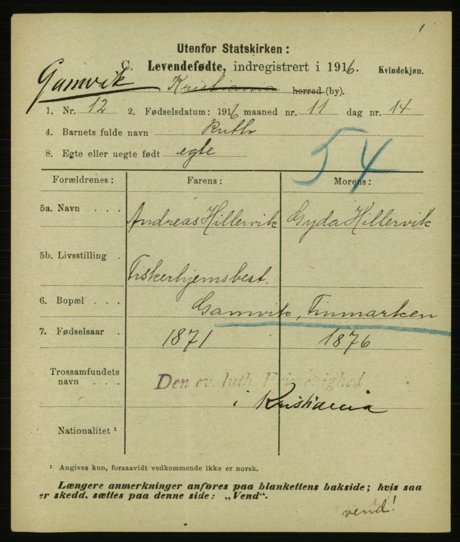 Statistisk sentralbyrå, Sosiodemografiske emner, Befolkning, AV/RA-S-2228/E/L0014: Fødte, gifte, døde dissentere., 1916, s. 1709