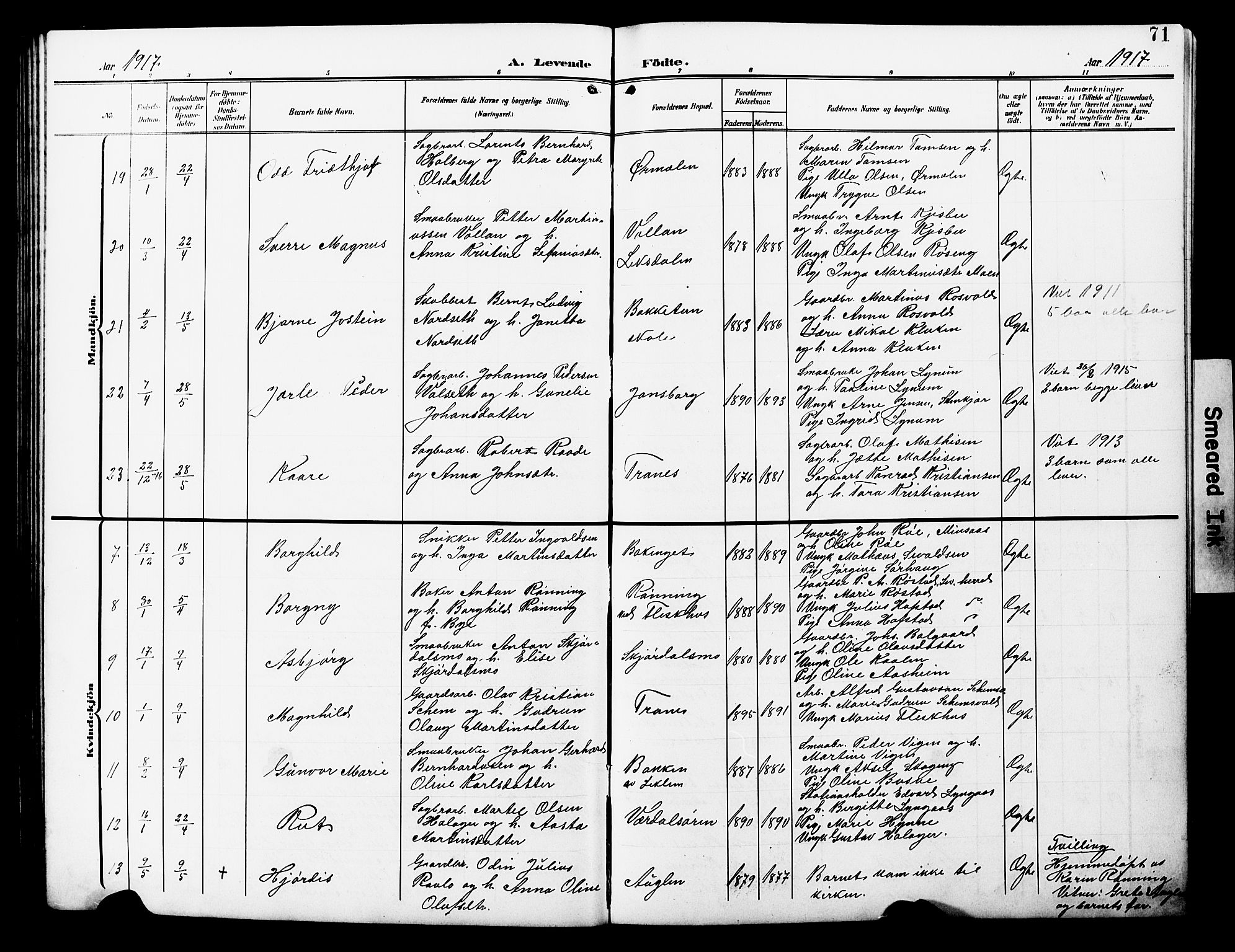 Ministerialprotokoller, klokkerbøker og fødselsregistre - Nord-Trøndelag, SAT/A-1458/723/L0258: Klokkerbok nr. 723C06, 1908-1927, s. 71