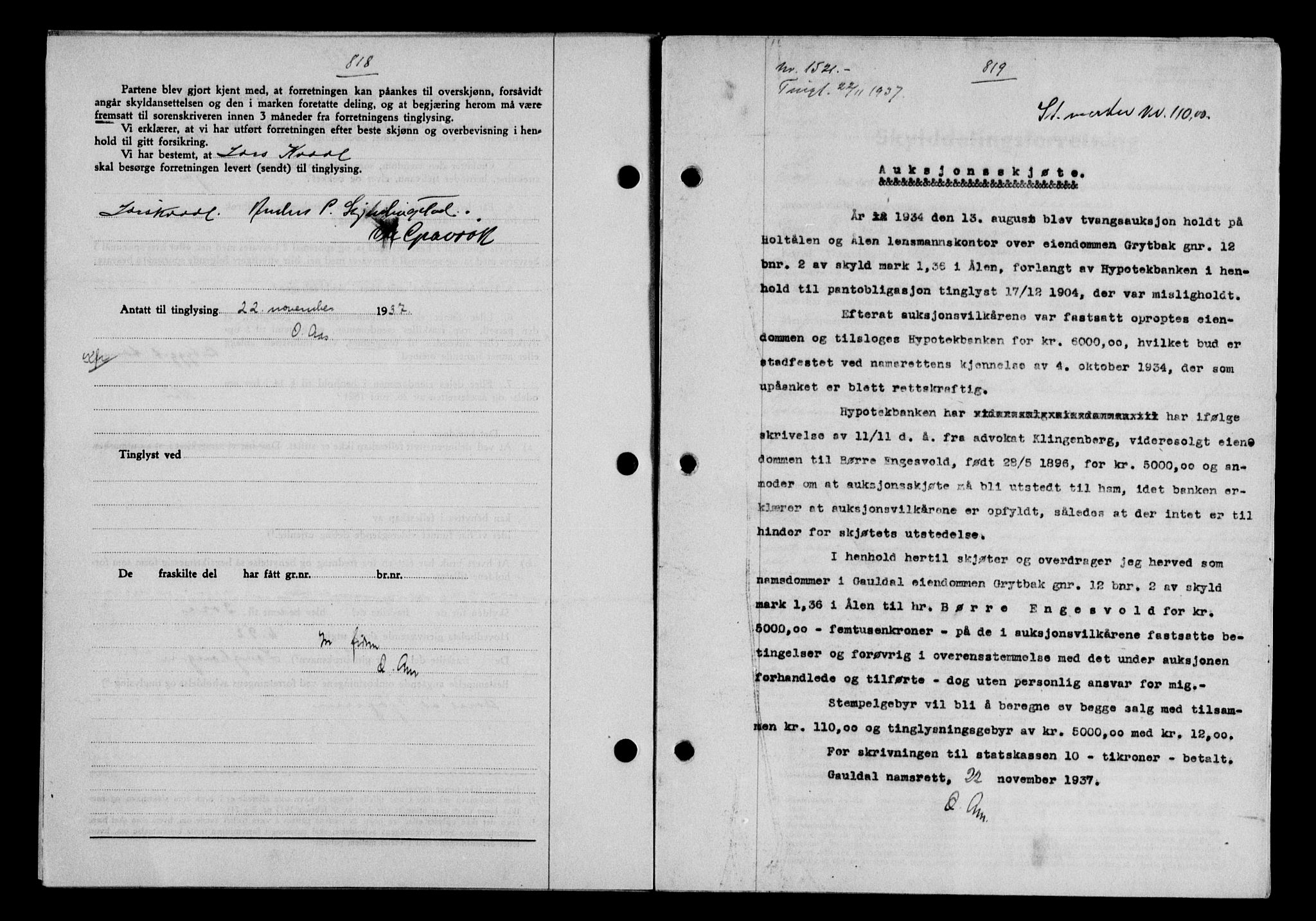 Gauldal sorenskriveri, SAT/A-0014/1/2/2C/L0048: Pantebok nr. 51-52, 1937-1938, s. 818, Dagboknr: 1521/1937