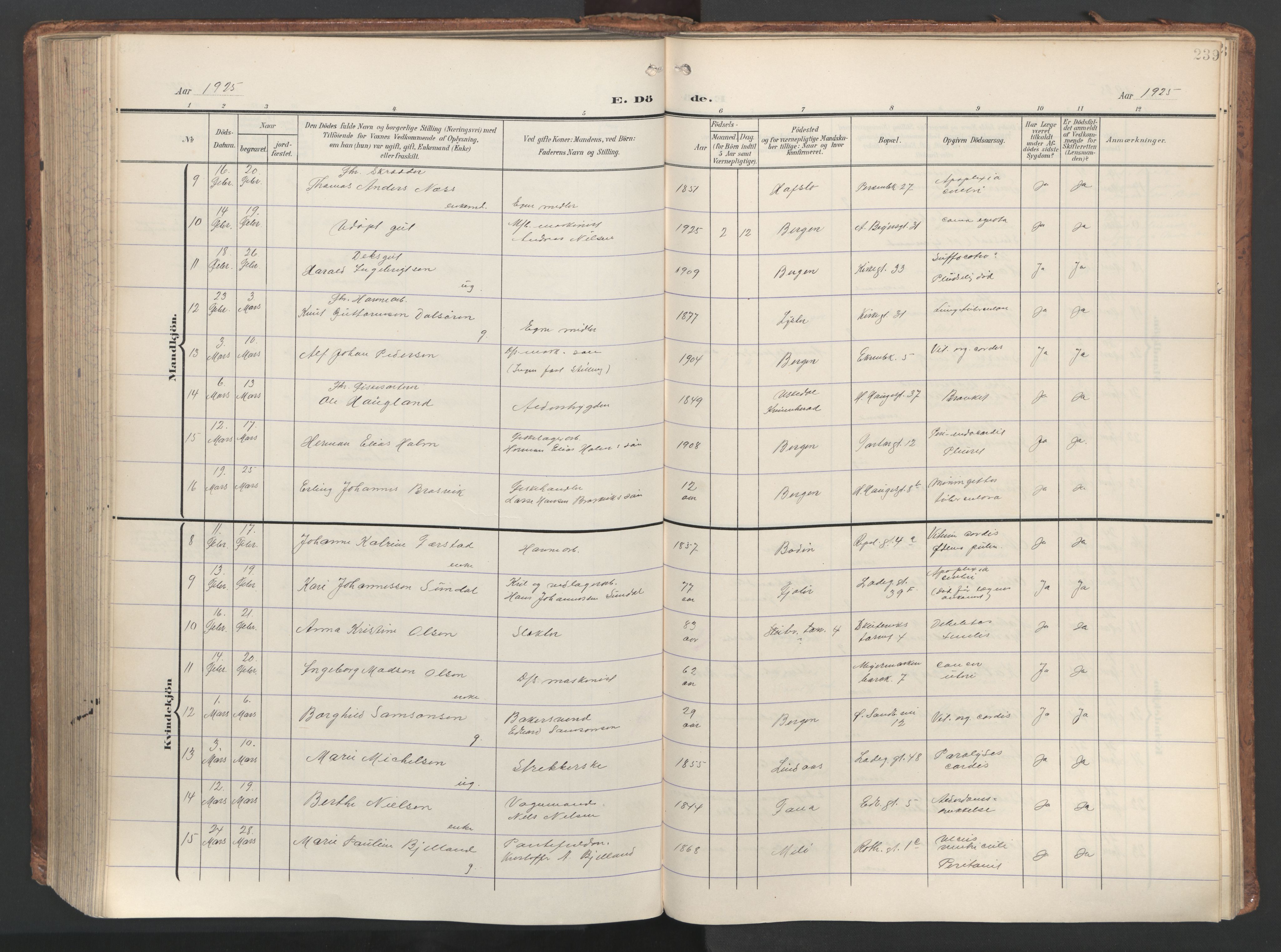 Sandviken Sokneprestembete, SAB/A-77601/H/Ha/L0019: Ministerialbok nr. E 2, 1905-1933, s. 239