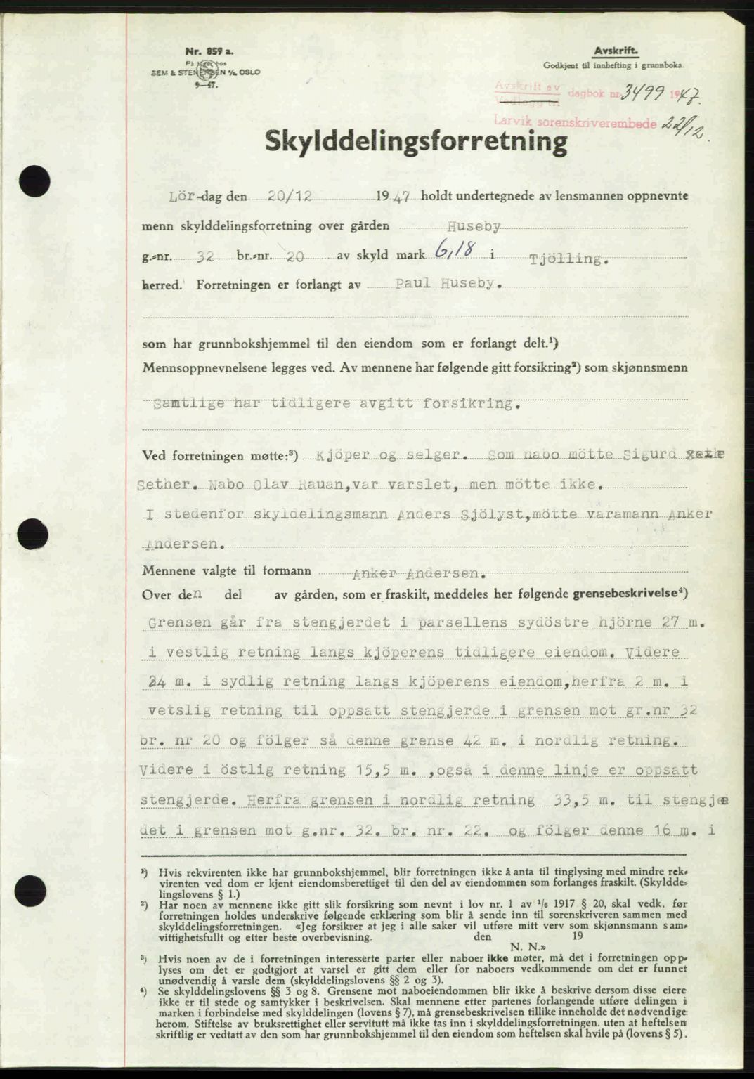Larvik sorenskriveri, SAKO/A-83/G/Ga/Gab/L0085: Pantebok nr. A-19, 1947-1948, Dagboknr: 3499/1947