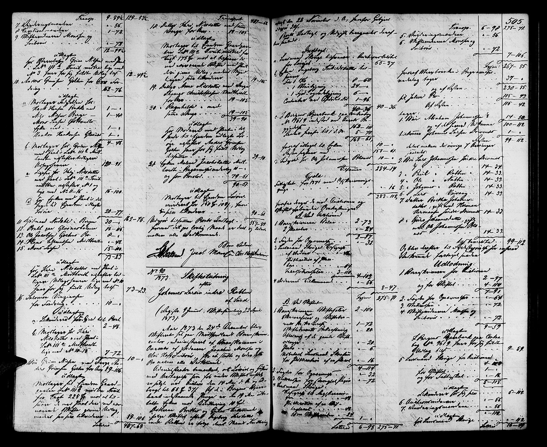 Midhordland sorenskriveri, AV/SAB-A-3001/1/H/Hd/L0004: Skifteutlodningsprotokoll, 1863-1878, s. 504b-505a
