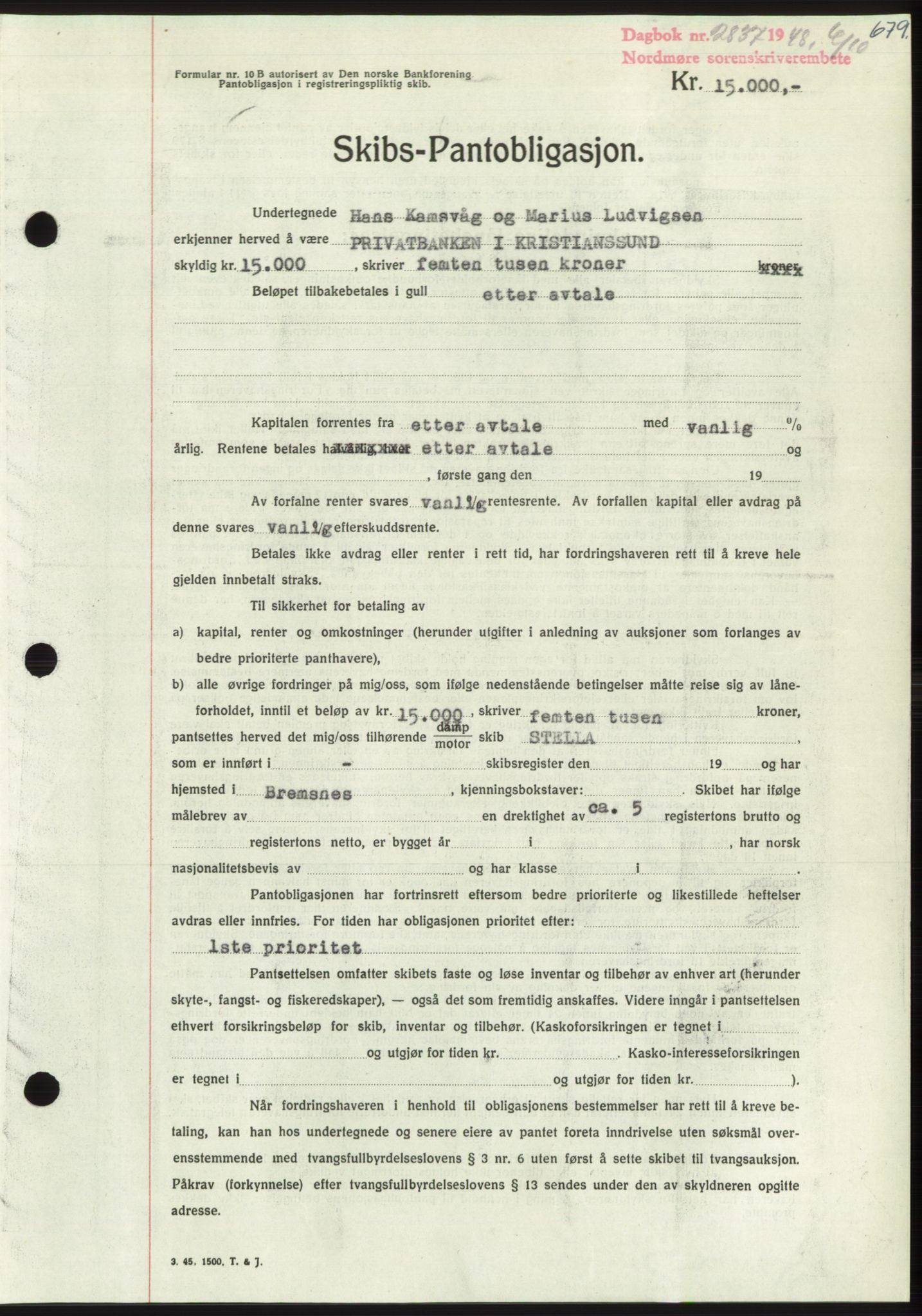 Nordmøre sorenskriveri, SAT/A-4132/1/2/2Ca: Pantebok nr. B99, 1948-1948, Dagboknr: 2837/1948