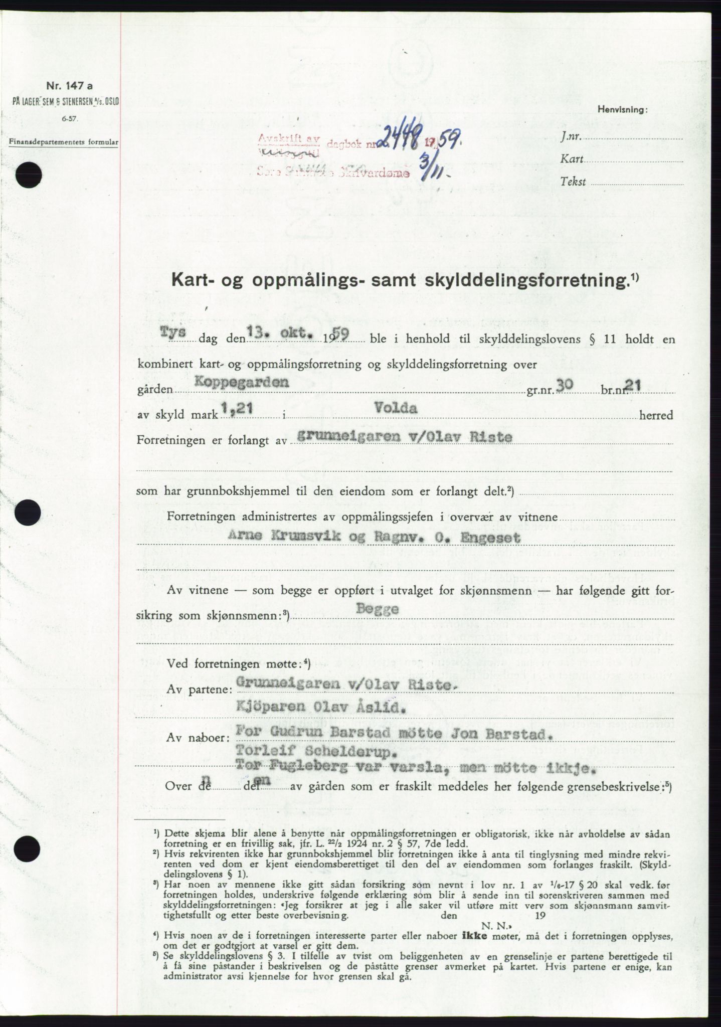 Søre Sunnmøre sorenskriveri, SAT/A-4122/1/2/2C/L0113: Pantebok nr. 39A, 1959-1959, Dagboknr: 2449/1959