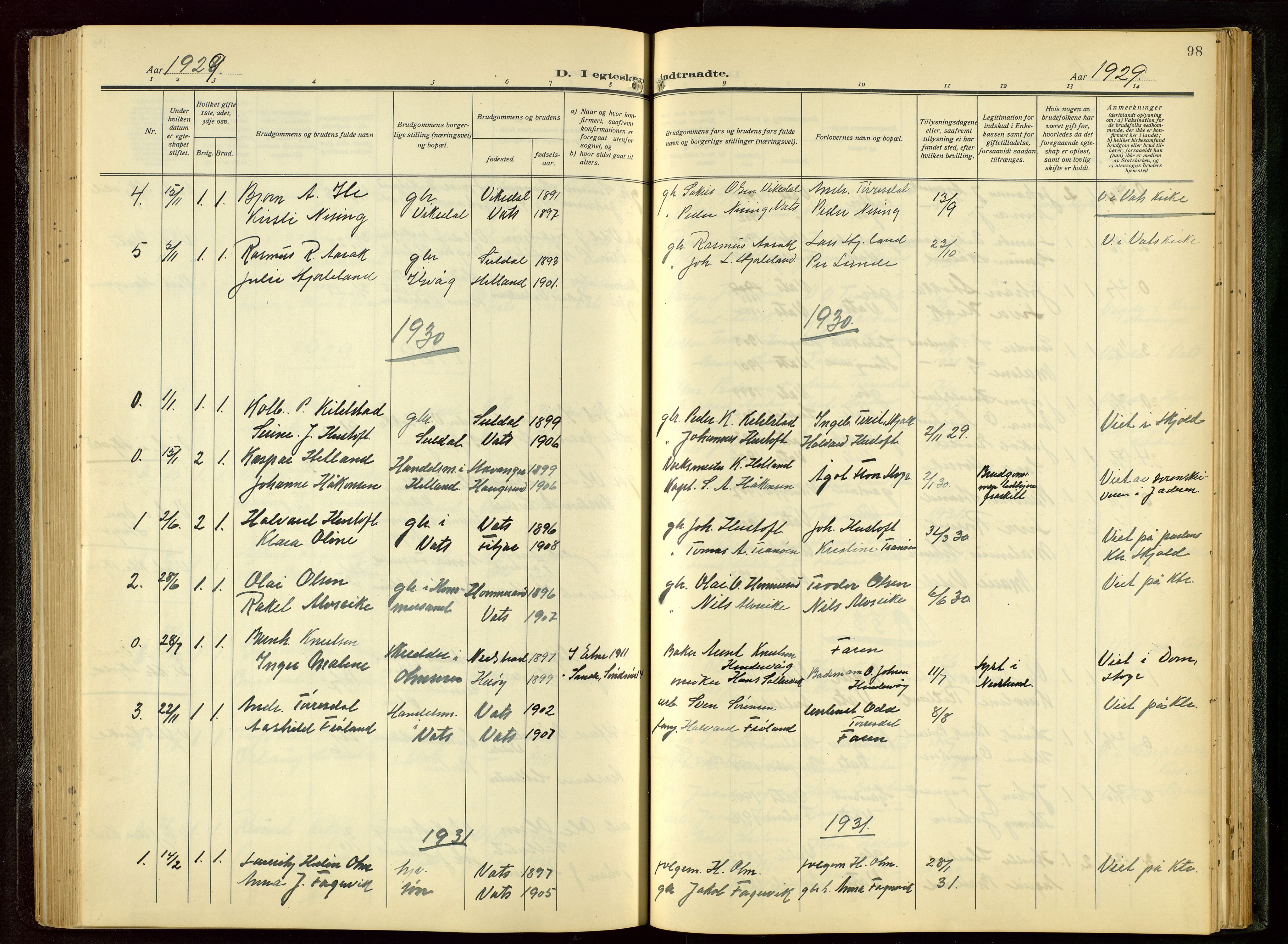 Skjold sokneprestkontor, AV/SAST-A-101847/H/Ha/Hab/L0011: Klokkerbok nr. B 11, 1922-1951, s. 98