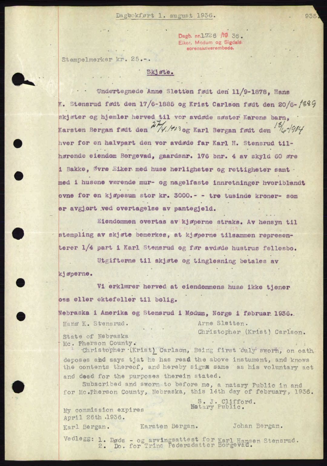 Eiker, Modum og Sigdal sorenskriveri, SAKO/A-123/G/Ga/Gab/L0032: Pantebok nr. A2, 1936-1936, Dagboknr: 1726/1936