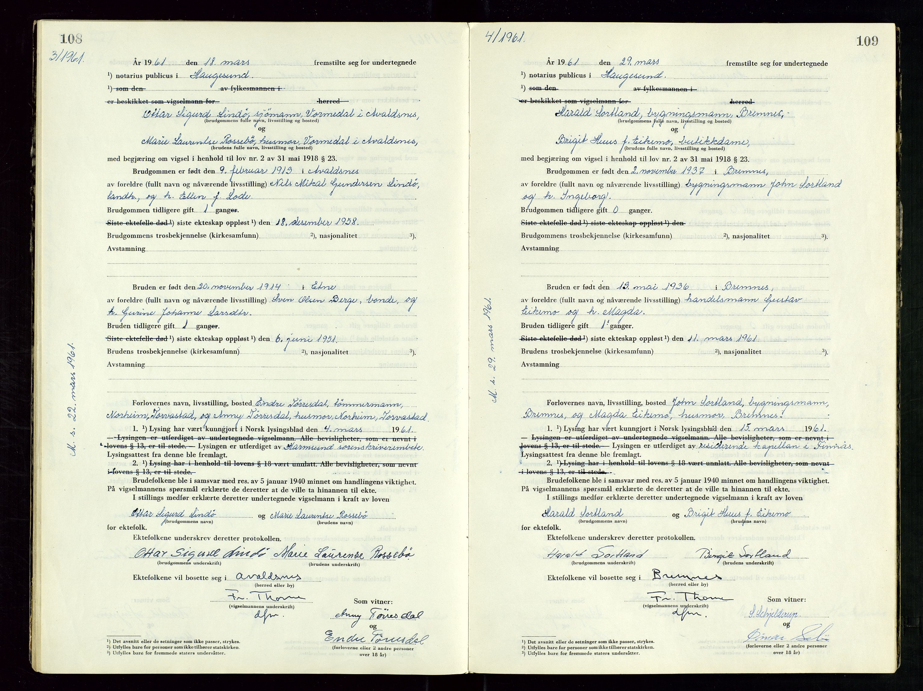 Haugesund tingrett, SAST/A-101415/01/III/IIID/L0007: Vigselbok, 1956-1964, s. 108-109