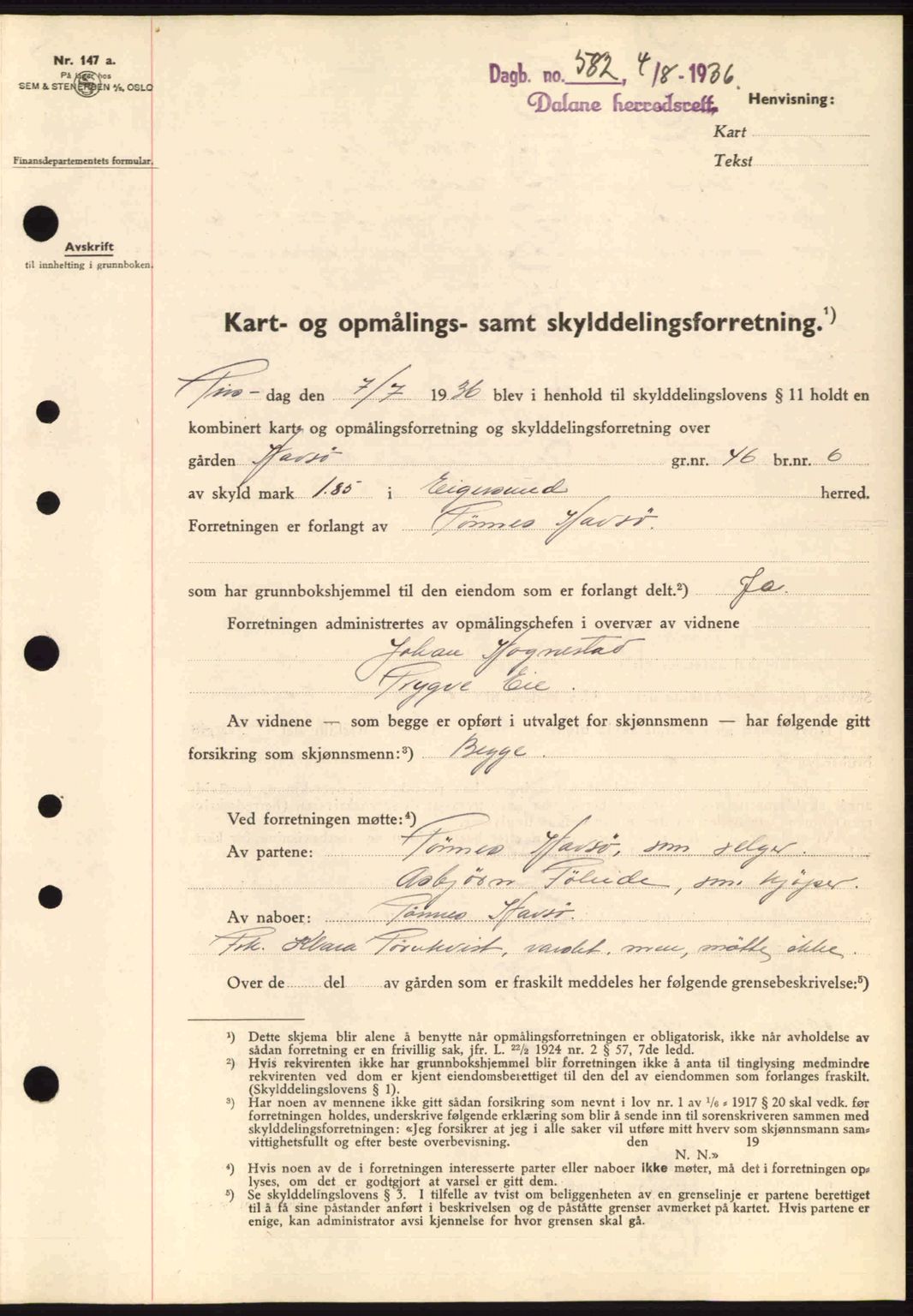 Dalane sorenskriveri, SAST/A-100309/02/G/Gb/L0040: Pantebok nr. A1, 1936-1936, Dagboknr: 582/1936