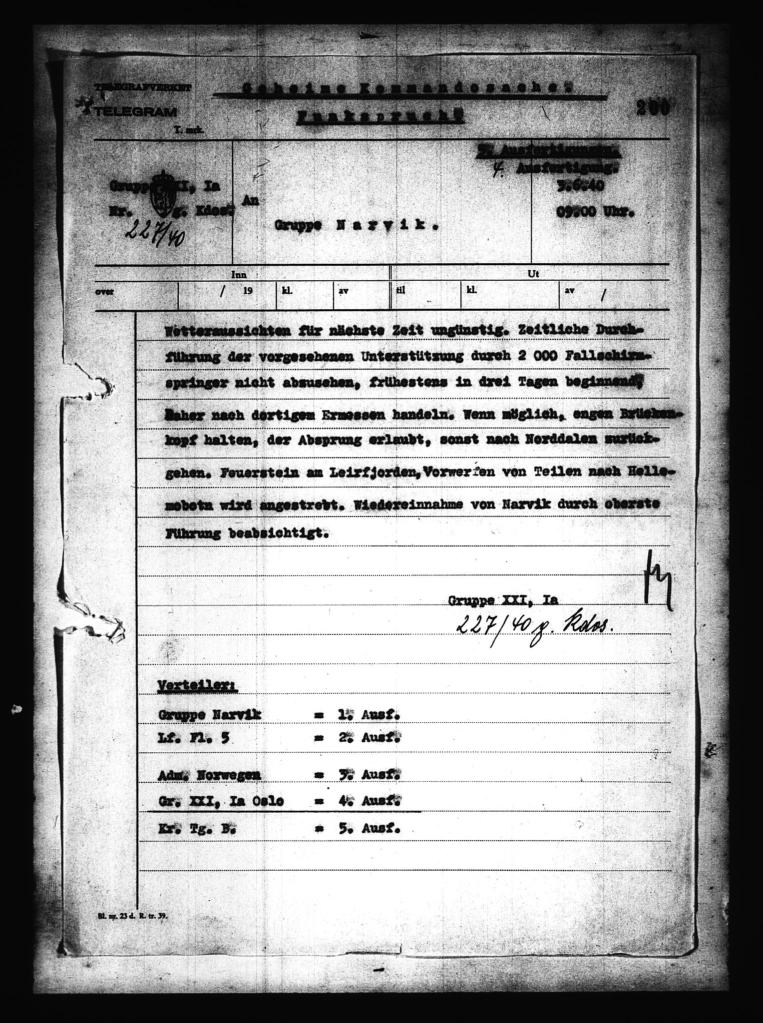 Documents Section, AV/RA-RAFA-2200/V/L0079: Amerikansk mikrofilm "Captured German Documents".
Box No. 718.  FKA jnr. 601/1954., 1940, s. 373