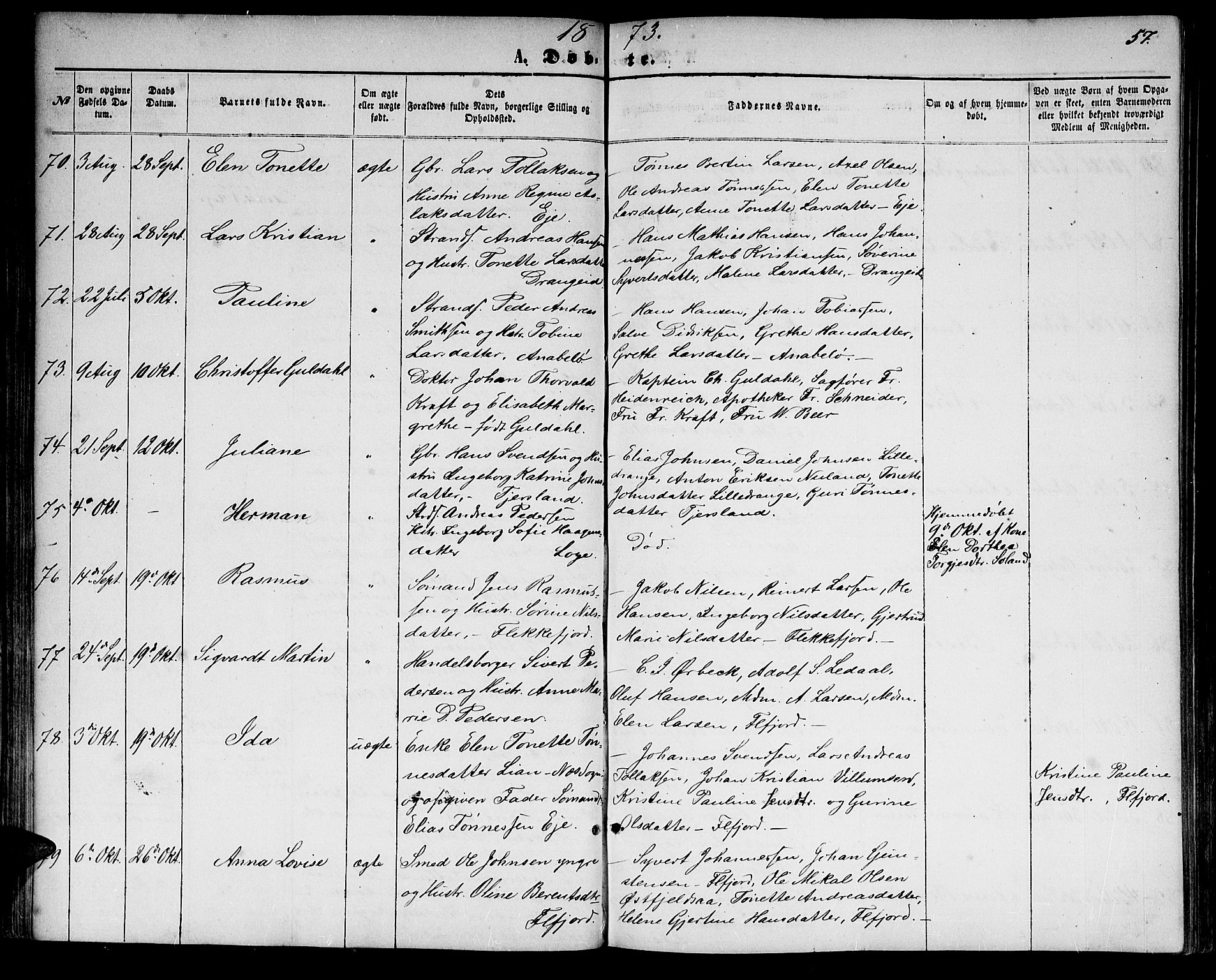 Flekkefjord sokneprestkontor, AV/SAK-1111-0012/F/Fb/Fbc/L0006: Klokkerbok nr. B 6, 1866-1879, s. 57